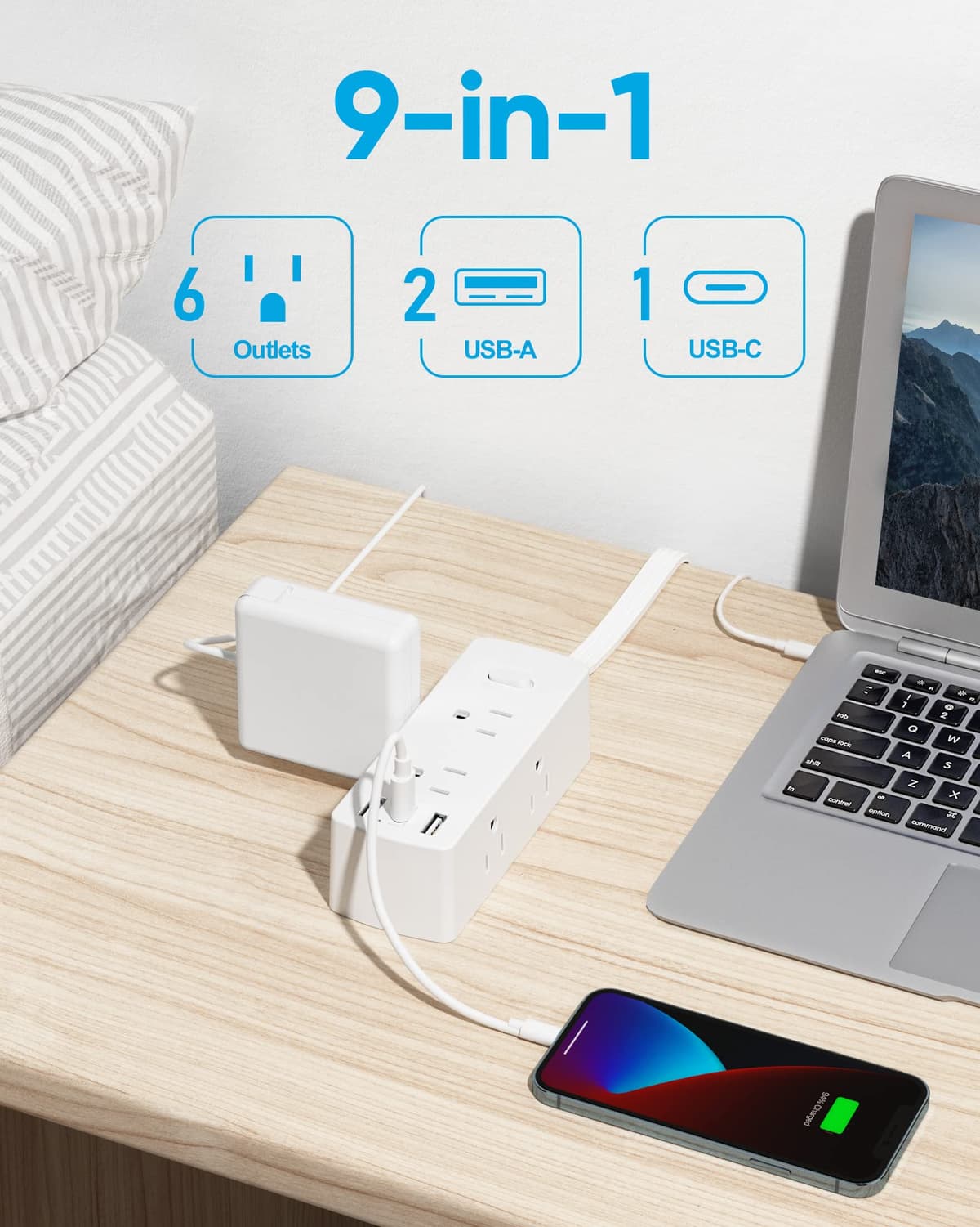 Short Extension Cord 1ft - Olcorife Flat Plug Power Strip with 6 Outlets 3 USB Ports(1 USB C), Small Outlet Extender for Travel Dorm Room Essentials, White — view 2
