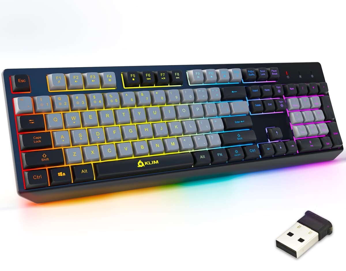 KLIM Chroma Wireless Gaming Keyboard RGB New - Long-Lasting Rechargeable Battery - Quick and Quiet Typing - Water Resistant Backlit Wireless Keyboard for PC PS5 PS4 Mac - Black — view 9