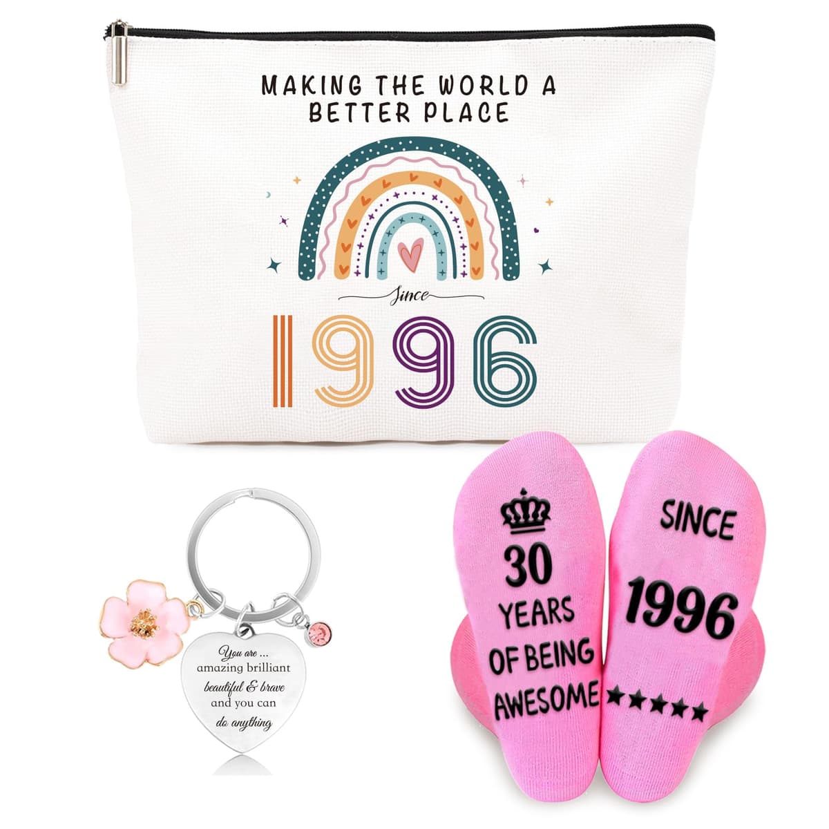 Funny 30th Birthday Gifts for Women – Retro Water-Resistant Makeup Bag, Personalized Socks & Inspirational Keychain, Cute 30th Birthday Gift Set for Bestie, Sister, Friend(1996)