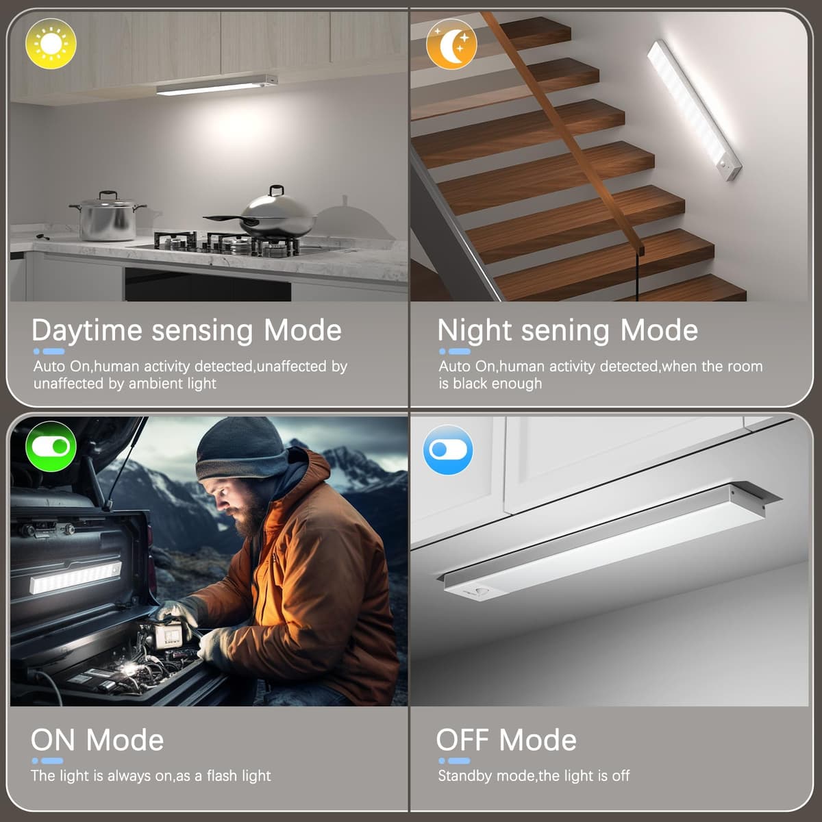 OUILA Luz LED Armario Magnética con Sensor Movimiento Blanco Natural 5000K 36 LEDs 4 Modos Luz LED Adhesiva USB Recargable 1000mAh Luce para Cocina, Armario, Escalera, Pasillo, Garaje-2 Piezas — view 2