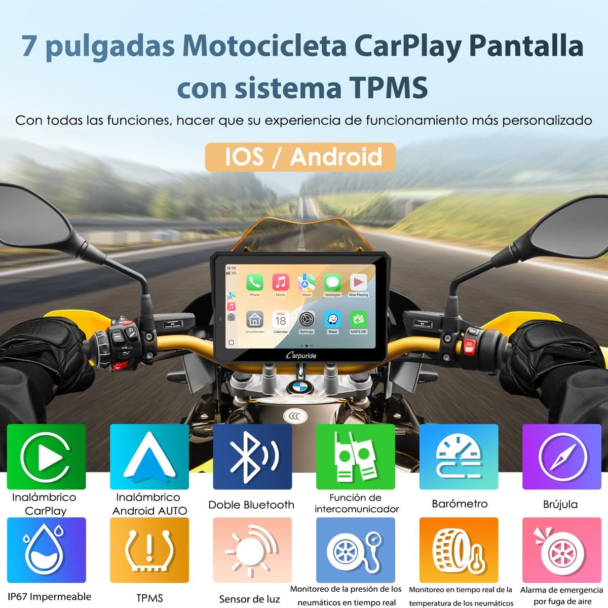 Carpuride W702T Pro Motocicleta Carplay Pantalla con TPMS Sistema, Inalámbrico CarPlay y Android Auto, 7" Impermeable Táctilpantalla, Dual Bluetooth, Intercomunicador Función, Nav, Brújula, Barómetro. — view 2