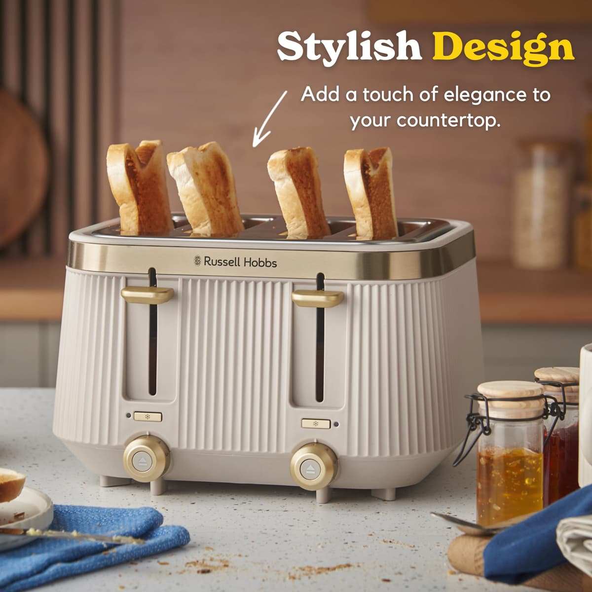 Russell Hobbs 4 Slice Toaster [1960W, Frozen/Cancel/Reheat function with Indicator light] Brontë Stone (Extra wide slots, 6 Browning levels, Lift & Look function, Lift high feature) 26771 — view 2