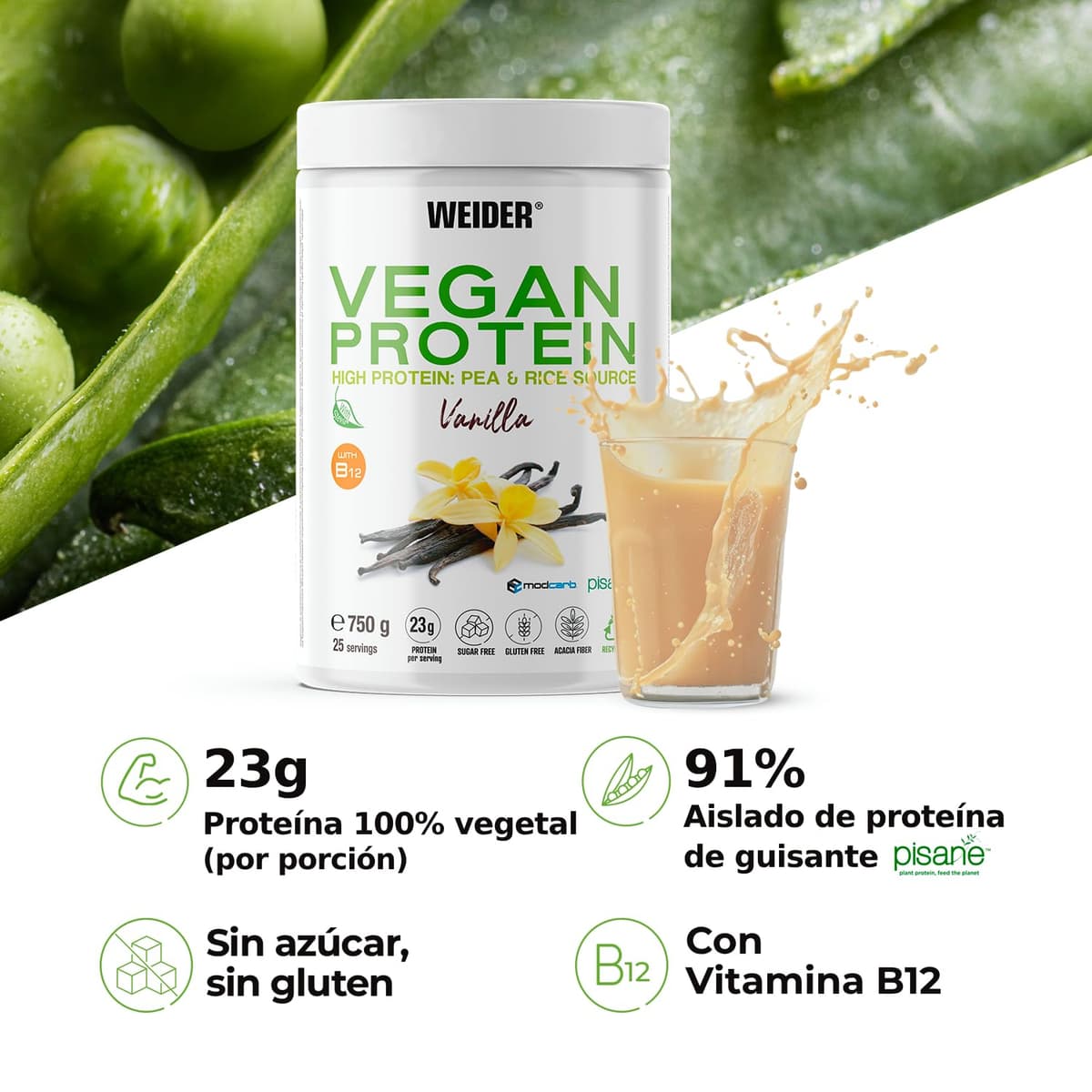 Weider Vegan Protein (750g) Sabor Vainilla. Proteína Vegana 23g/dosis Aislada Guisante (Pisane) y Arroz. Con Vitamina B12 y Stevia. Sin Gluten, Sin Azúcar. Bote 50% Reciclado, 100% Reciclable — view 2