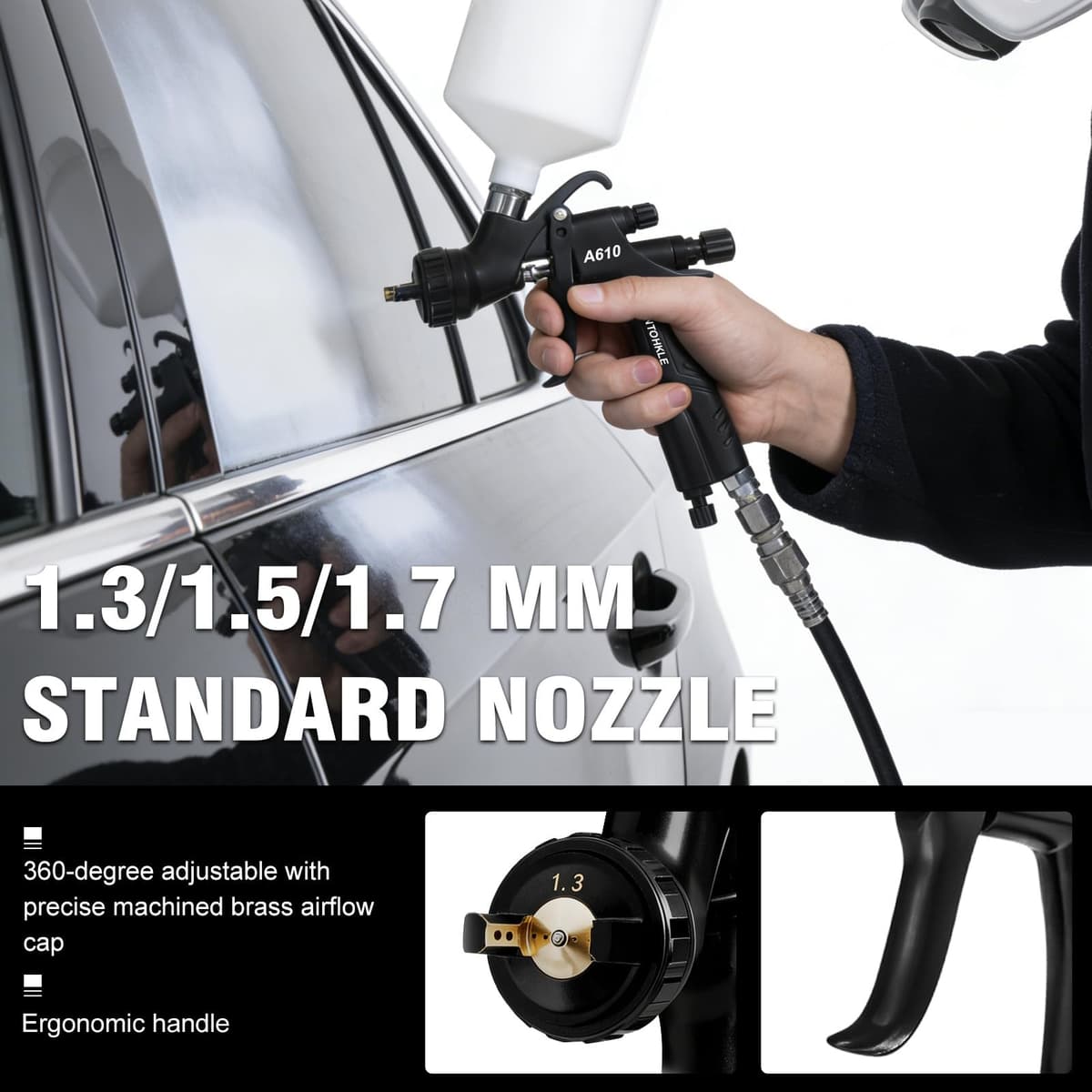 BENTOHKLE A610 LVLP Air Spray Gun with 1.3/1.5/1.7mm Nozzles& Air Gauge, R500 Automotive Paint Gun Sprayer for Car, House Painting, Industrial Coating — view 3