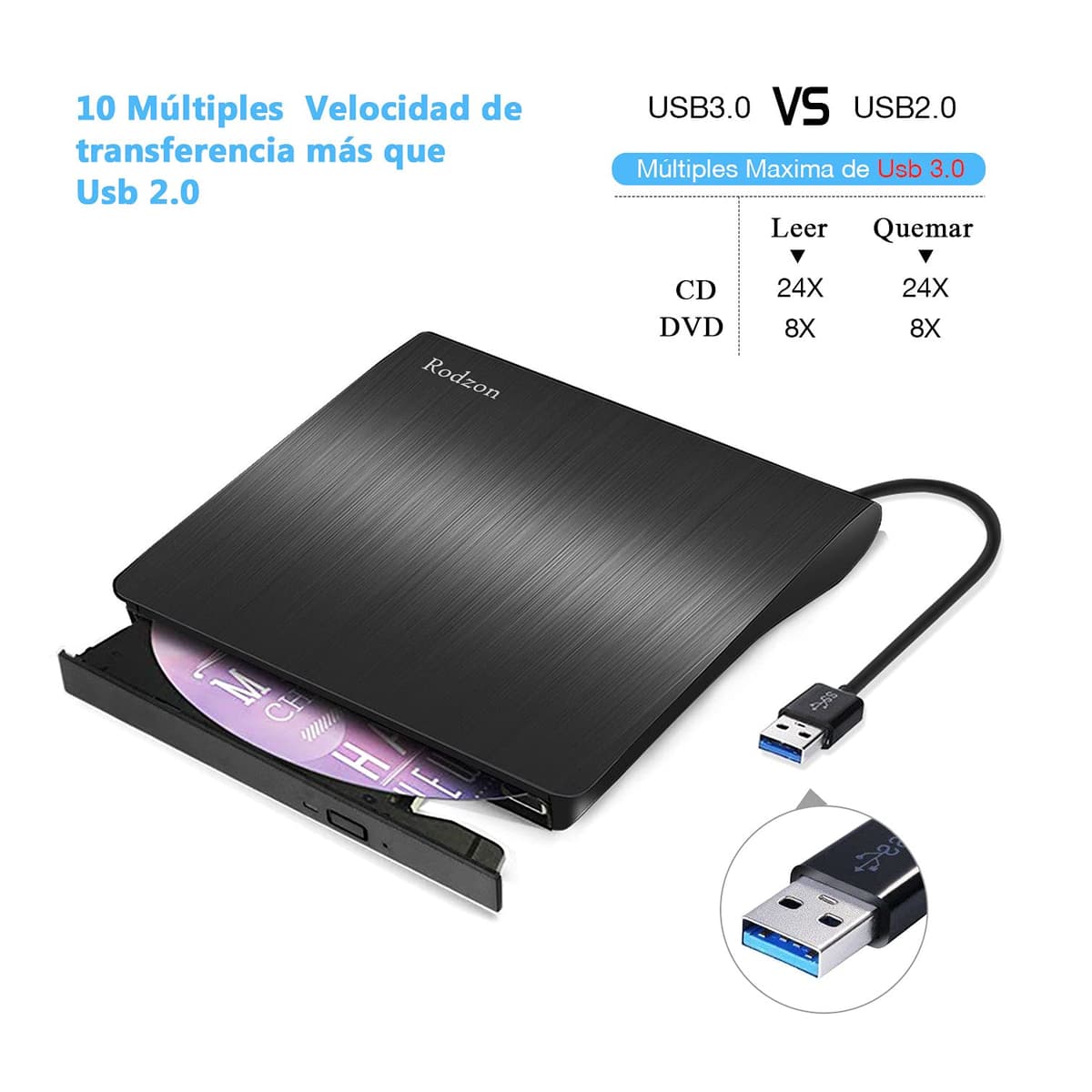 Rodzon Grabadora Externa USB 3.0, Unidades Portátil CD/DVD /-RW/ROM Estable con Lector/Quemador/Re - Quemador para Win 10/8 / 7 / XP/Vista/Linux/Mac OS — view 6