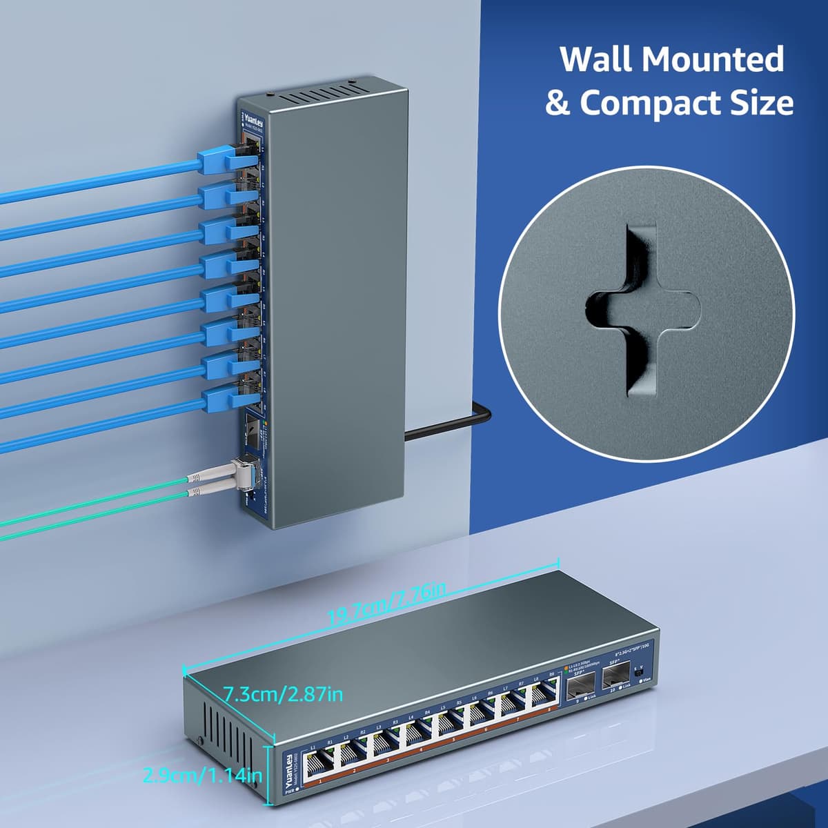 Switch Ethernet No Gestionado de 10 Puertos 2,5G, 8 Puertos 2,5G Base-T, 2 x 10G SFP, Compatible con 100/1000/2500Mbps, Montaje en Parede, Switch de Red YuanLey 2,5Gbe para Ap Inalámbrico, NAS, PC — view 5