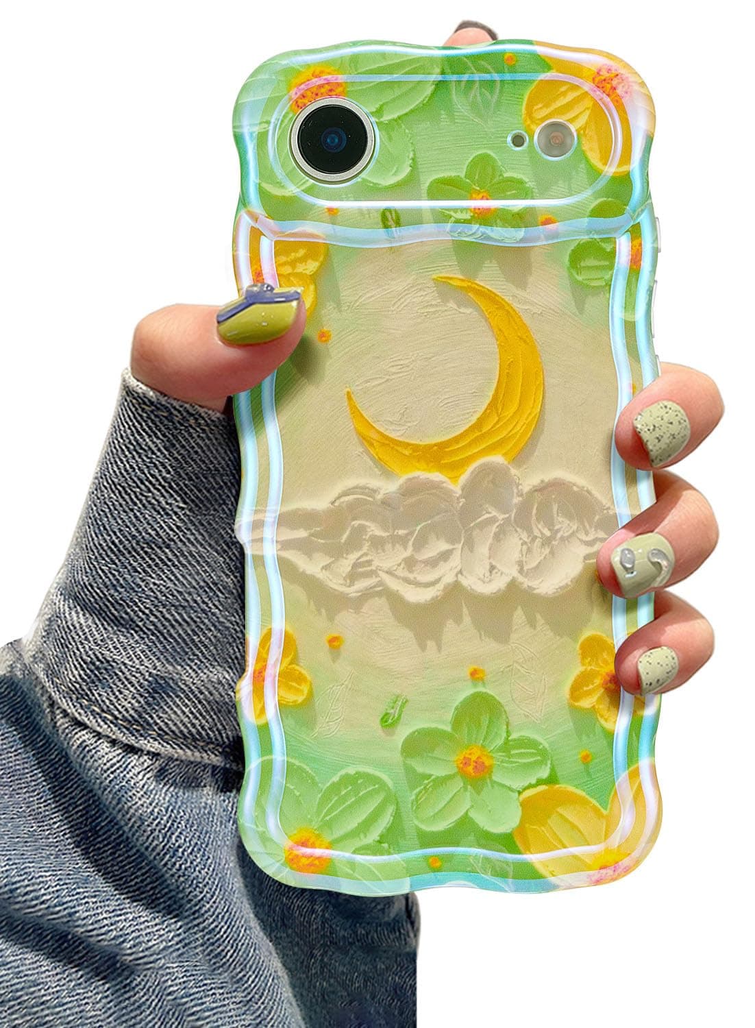 EYZUTAK Case for iPhone 17 Pro, Colorful Retro Oil Painting Printed Flower Laser Glossy Pattern Cute Curly Wave Edge Exquisite Phone Cover Stylish Durable TPU Protective Case for Girl Women-Green — view 97