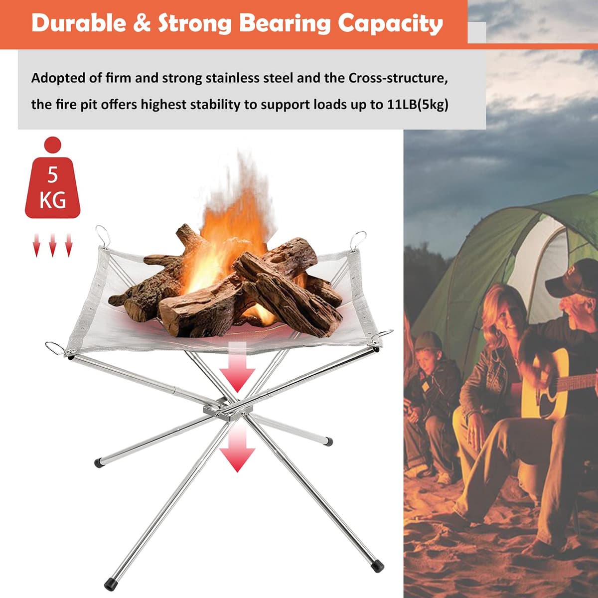 Portable Fire Pit for Camping, Outdoor Folding Firepit Fireplace with Heat Resistant Gloves & Carrying Bag, Stainless Steel Mesh BBQ Fire Bowl for Picnics, Bonfire, Patio, Backyard and Garden — view 4
