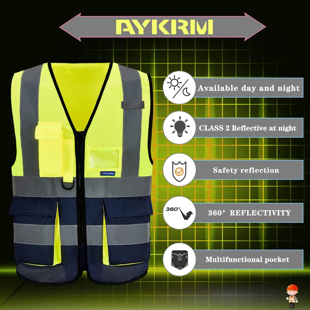 AYKRM Safety Vest Reflective High Visibility Workwear Vest Zipper Safety Work Vest Multi-pockets 21 Colors — view 2