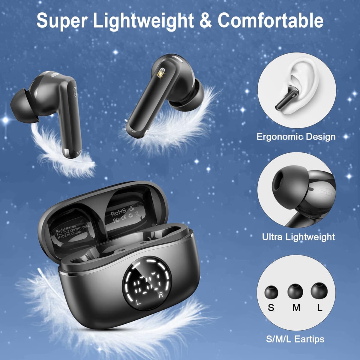 Auriculares Inalambricos Bluetooth, 2026 Cascos Inalambricos Bluetooth 5.4 HiFi Estéreo, 48 Horas Auriculares inalámbricos con ENC Cancelacion Ruido, Pantalla LED/IP7 Impermeable/Carga Rápida Tipo-C — view 4