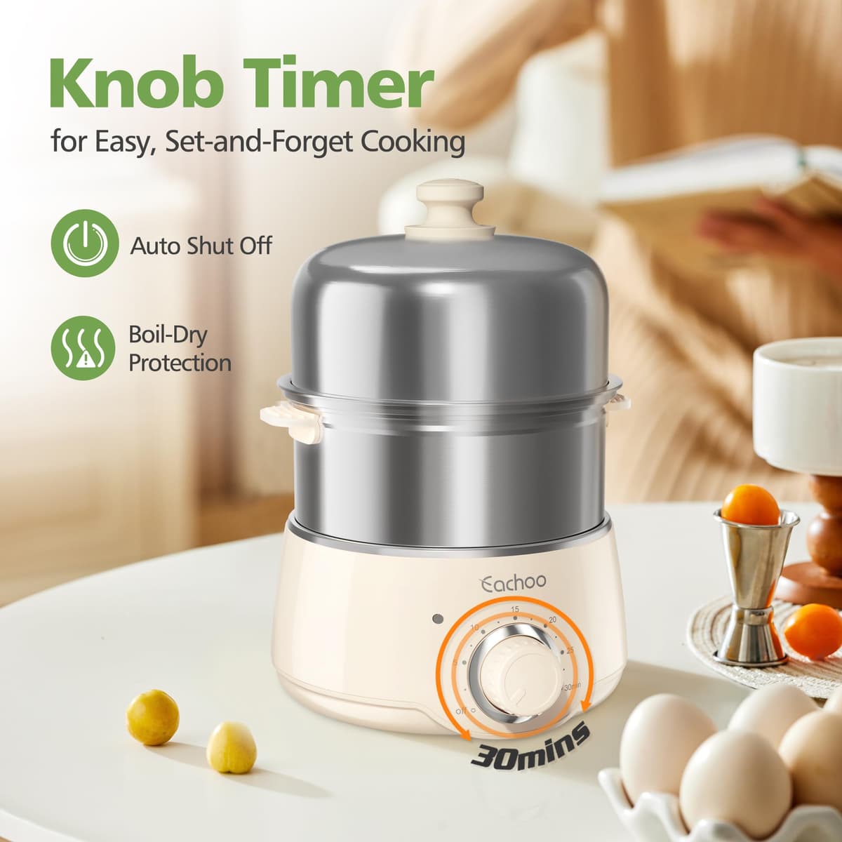 Hard Boiled Egg Cooker - CACHOO 14-Egg Rapid Stainless Steel Egg Boiler with 30-Min Timer & Auto Shut Off, Compact Electric Vegetable Steamer for Cooking, Dishwasher Safe, Beige — view 3
