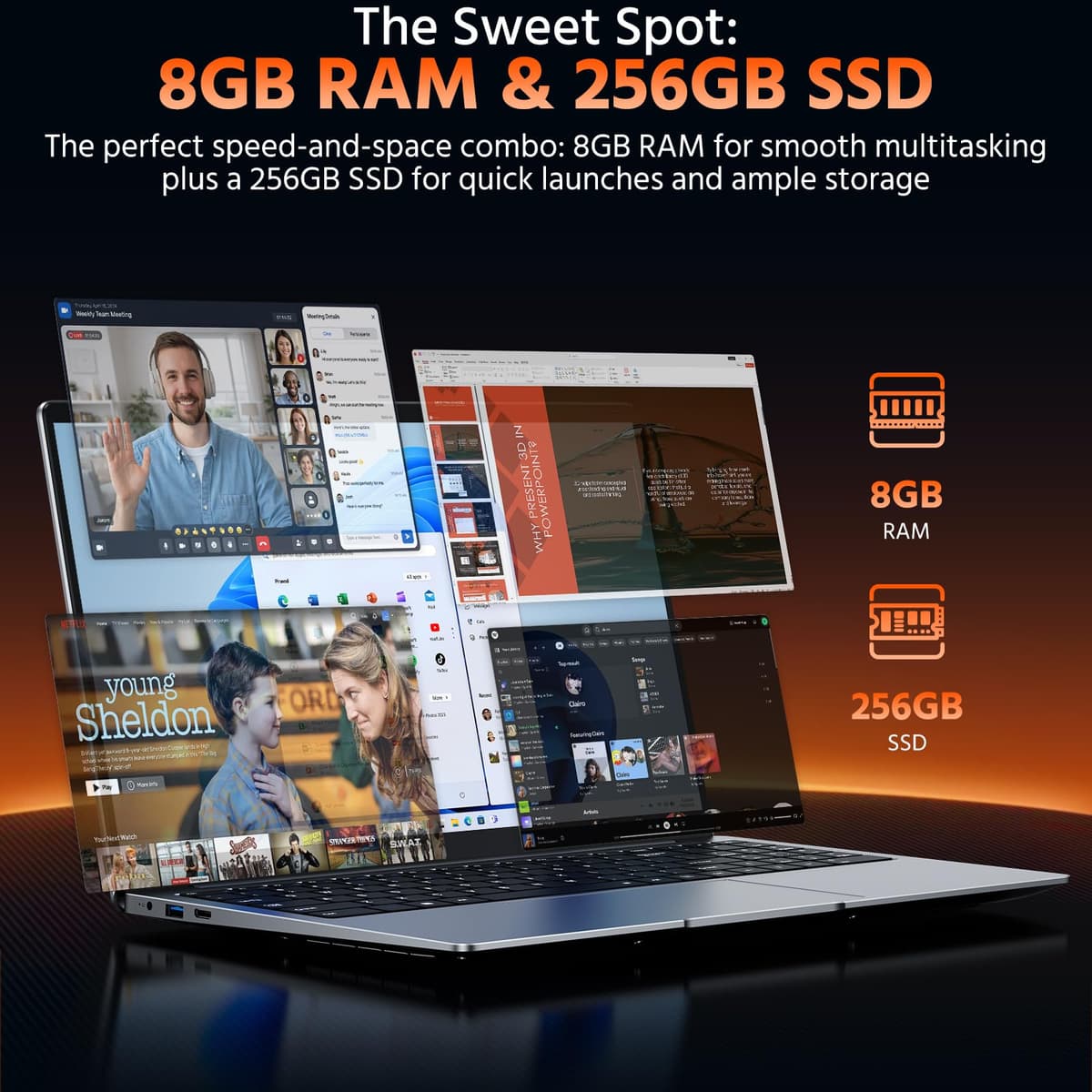 15.6" Laptop Computer, 8GB RAM 256GB SSD Celeron N4000(up to 2.6GHz) Laptop Win 11 Office Suite FHD IPS sRGB Notebook 2.4G&5G WiFi BT 4.2 HDMI USB 3.0 5000mAh Battery for Home Student Business — view 3