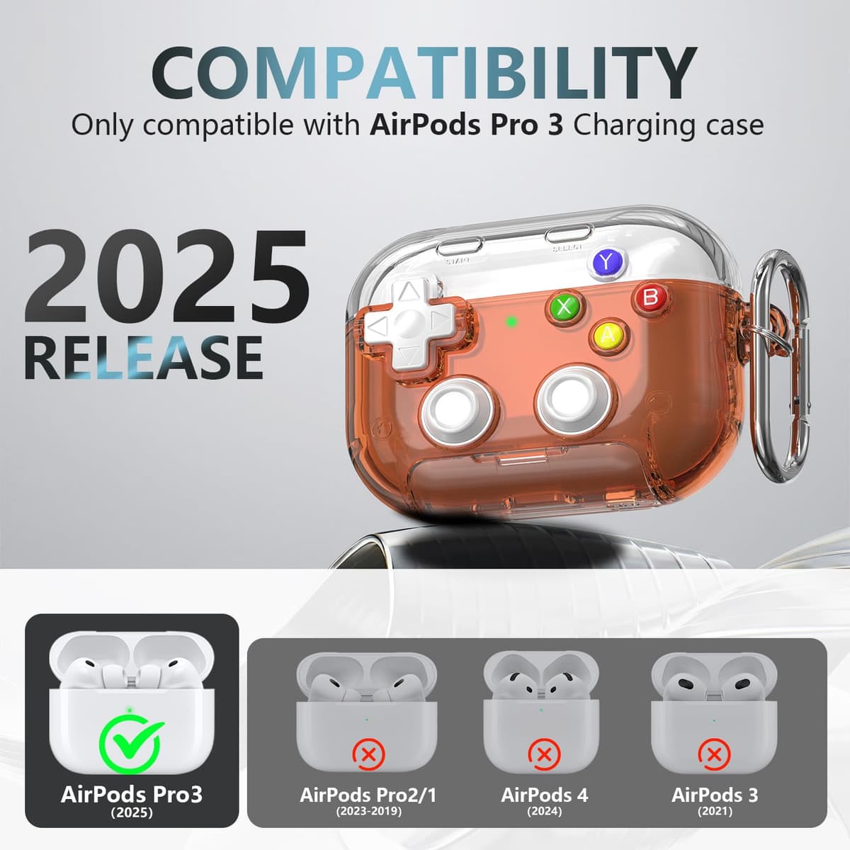 RFUNGUANGO - Funda para AirPods Pro 3 con Cierre y Kit de Limpieza, Transparente, rígida, para Videojuegos, con Soporte para teléfono Integrado, antigolpes （Naranja） — view 2