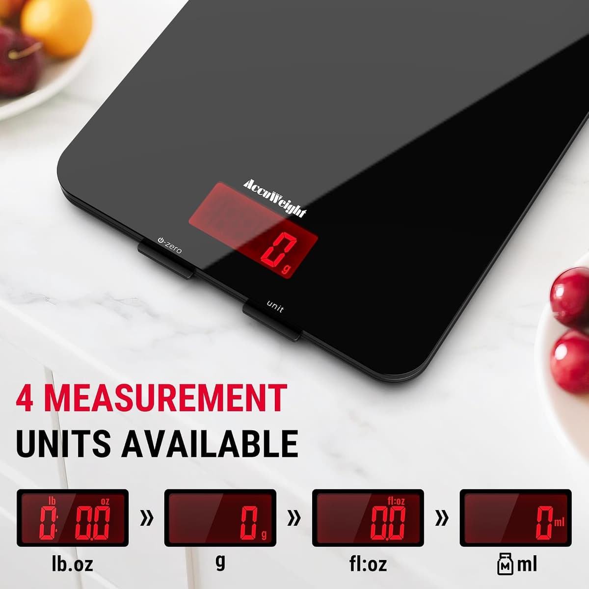 ACCUWEIGHT 201 Digital Kitchen Scales with Tempered Glass Platform (Batteries included), Electronic Weighing Food Scale with Backlit LCD, Multifunction for Office School Home Baking Cooking, 5kg/11lb — view 3