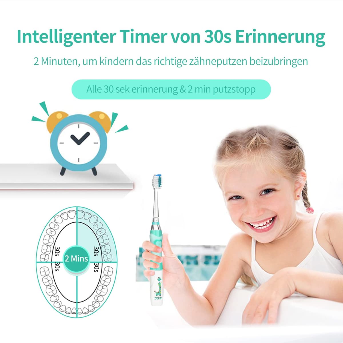 Seago Cepillo de Dientes Infantil Eléctrico Para Niños 3–12 Años Kids Con Luz de Colores,Temporizador Inteligente de 2 minutos,4 Cabezales Suaves SG-EK6/SG-977 (Verde) — view 4