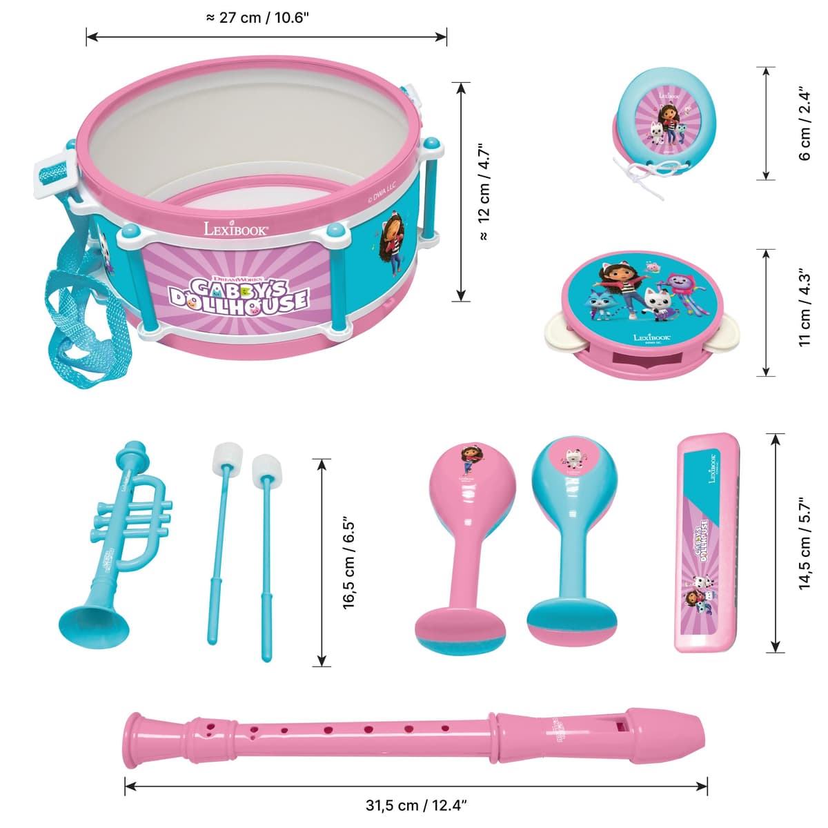 Lexibook, La Casa de Muñecas de Gabby, Set de 7 Instrumentos Musicales (Tambor, Maracas, Castañuela, Armónica, Flauta, Trompeta, Pandereta), Juguete Musical, Práctico para Llevar, Rosa/Azul, K360GDH — view 2