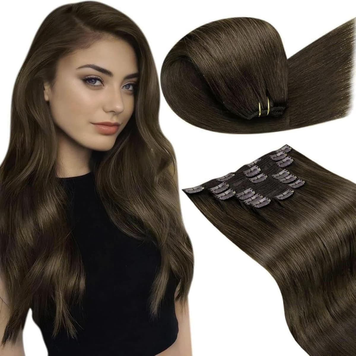 LaaVoo Hair Extensions Clip in Real Human Hair Brown Clip in Hair Extensions Dark Brown Remy Straight Hair Full Head Double Weft 80g 5pcs 14 Inch #4 — view 66