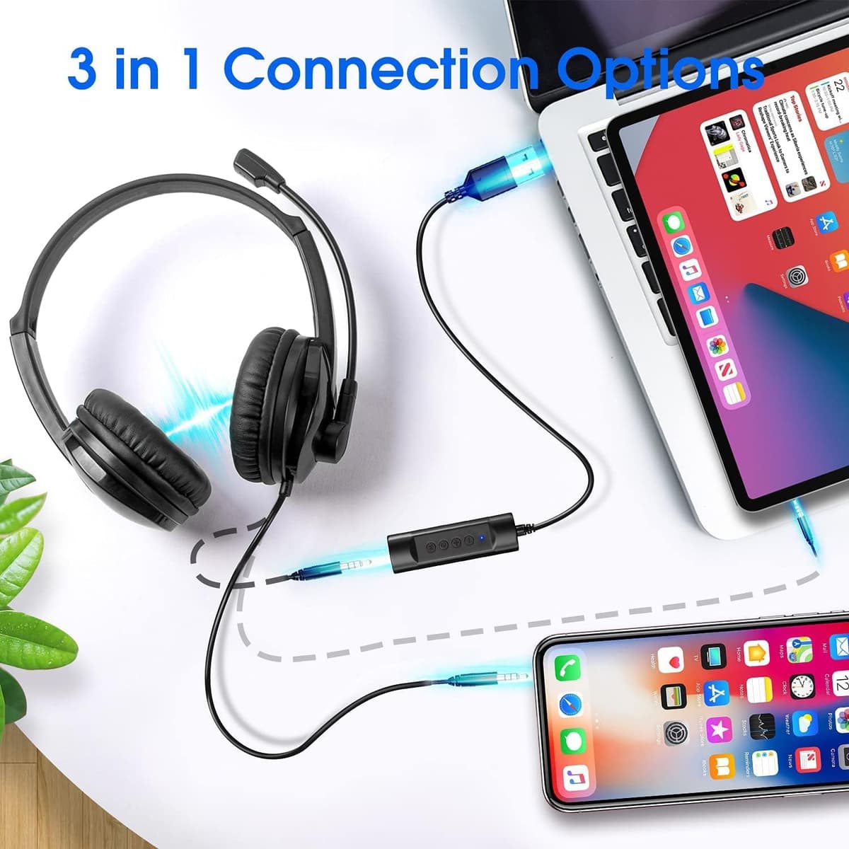 USB Headset with Microphone for PC Laptop, Adjustable Noise Cancelling Business Office Headsets, 2.5M Length Headphones with In-Line Control — view 4