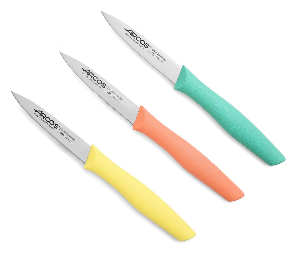 Arcos Set Cuchillos Mondadores. 3 Piezas Acero Inoxidable. Cuchillos Cocina Peladores Multicolor para Pelar Frutas y Verduras. Mango Ergonómico Polipropileno. Serie Nova. Naranja, Amarillo y Azul.