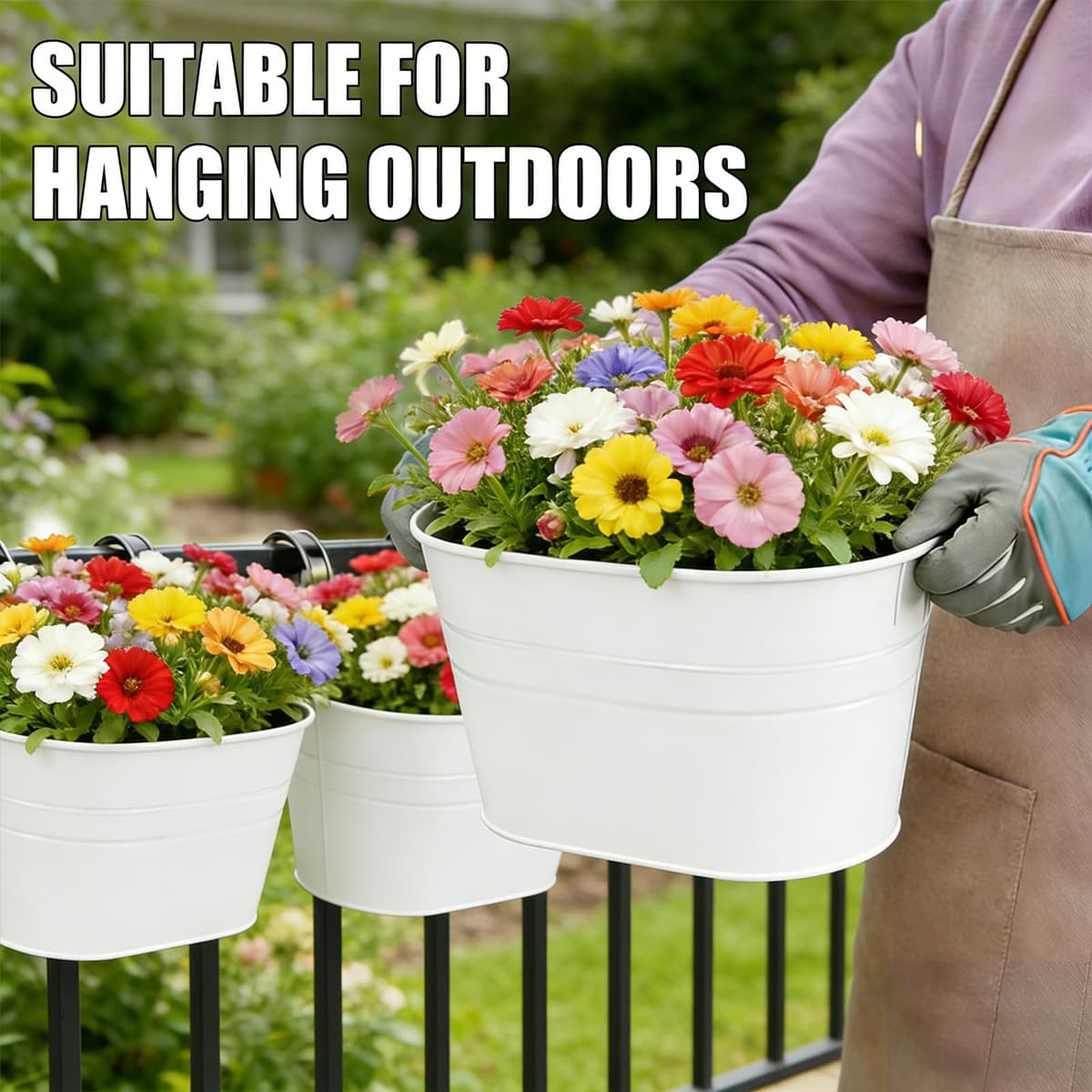 RIOGOO Macetas de metal Hierro Colgantes Macetas de jardín Macetas de balcón Macetas de metal Cubo de flores Soportes para colgar en la pared Maceta de decoración - Gancho desmontable (4 PCS) (blanco) — view 5