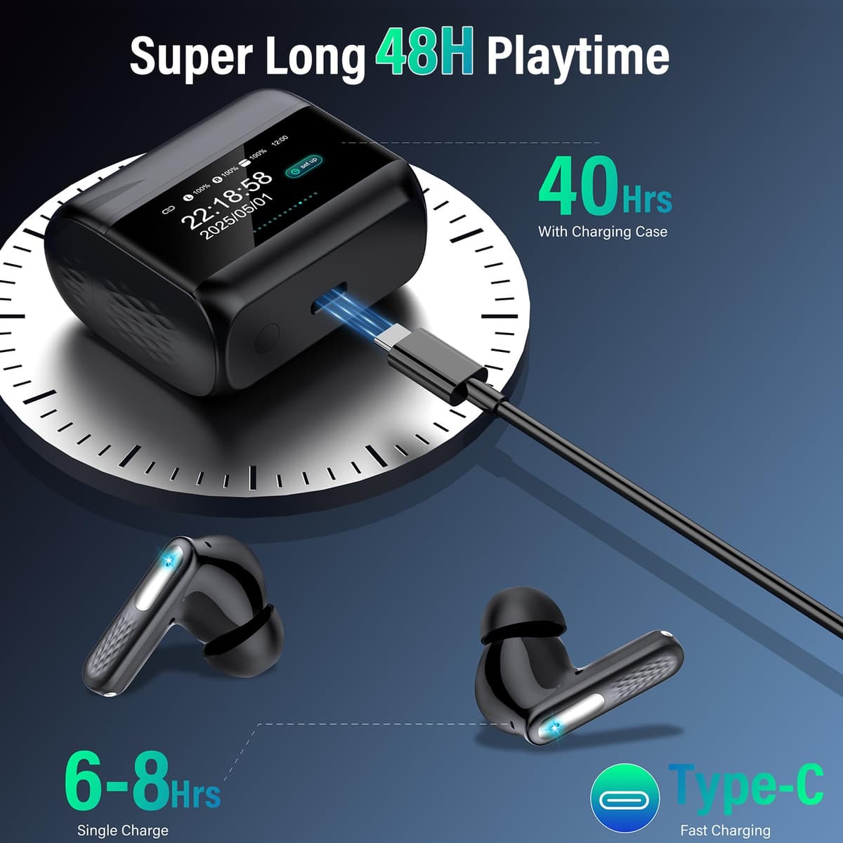 Wireless Headphones with LED Touch Screen, Bluetooth 5.4 HiFi Stereo Headphones with HD Mic, 48H Wireless Headphones with Noise Reduction ANC+ENC, IP7 Waterproof, Glossy Black — view 6
