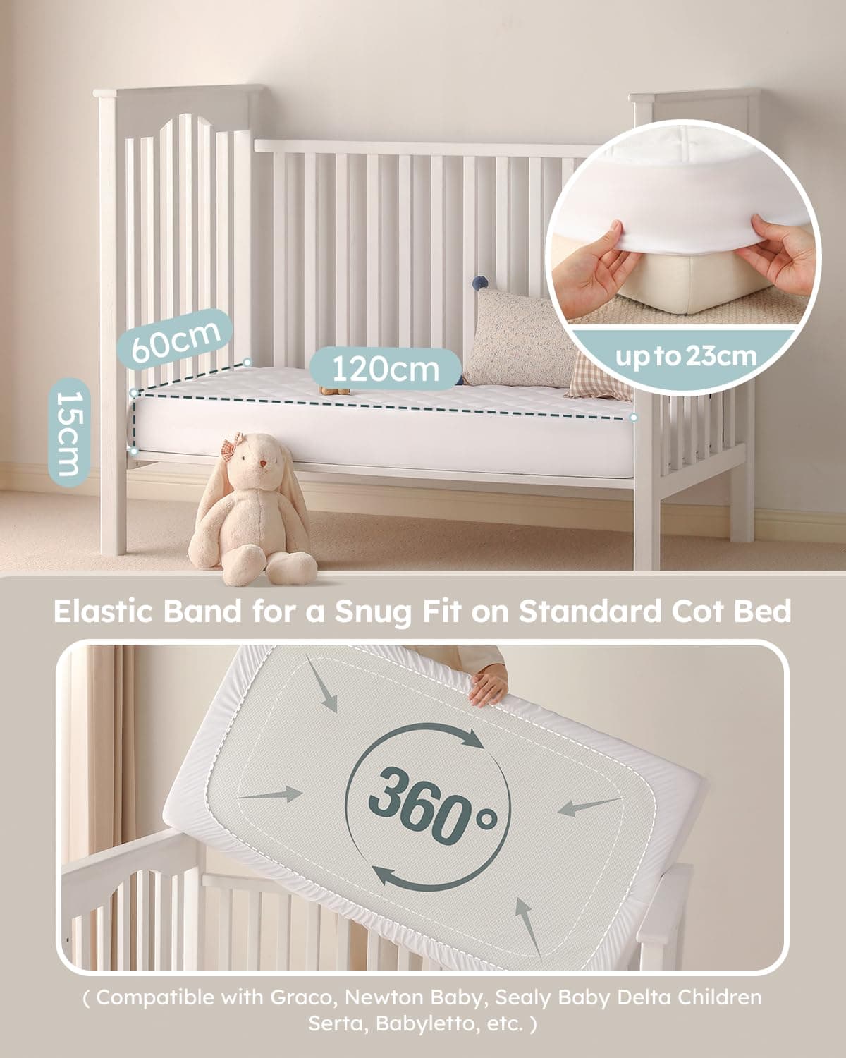 Yoofoss Waterproof Cot Bed Mattress Protector 120 x 60 cm Breathable Toddler Bed Mattress Protector Comfortable Noiseless White — view 4