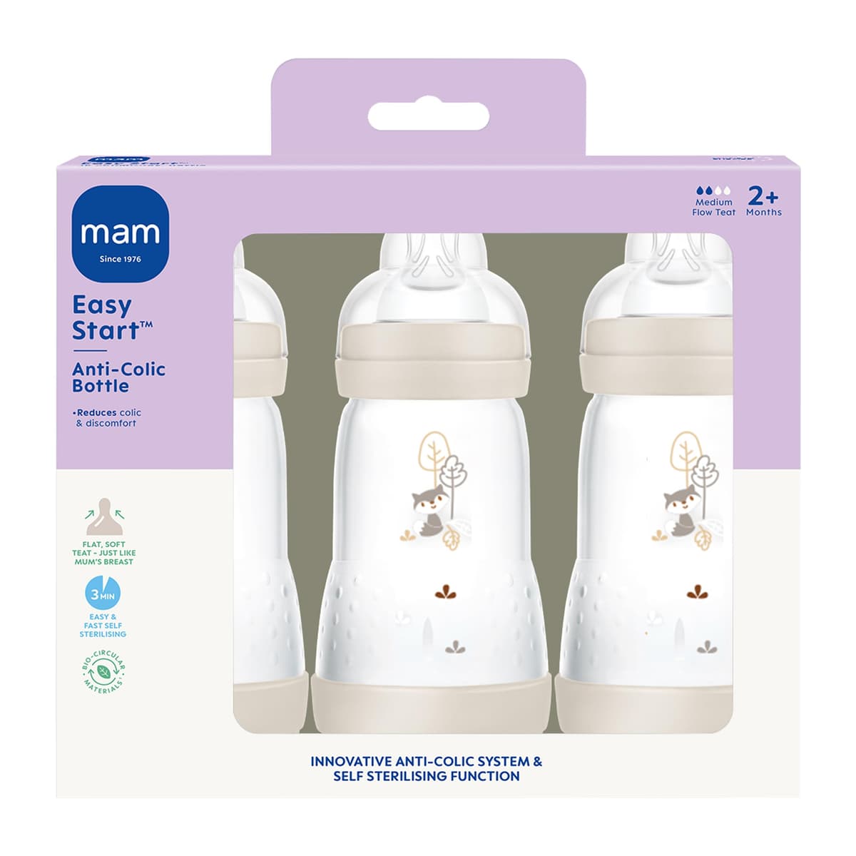MAM Easy Start Anti-Colic Baby Bottles | 3 Pack (3 x 260) | Self-Sterlising Baby Milk Bottle | Medium Flow MAM Teats Size 2 | Newborn Essentials | Linen (Various Designs) — view 7