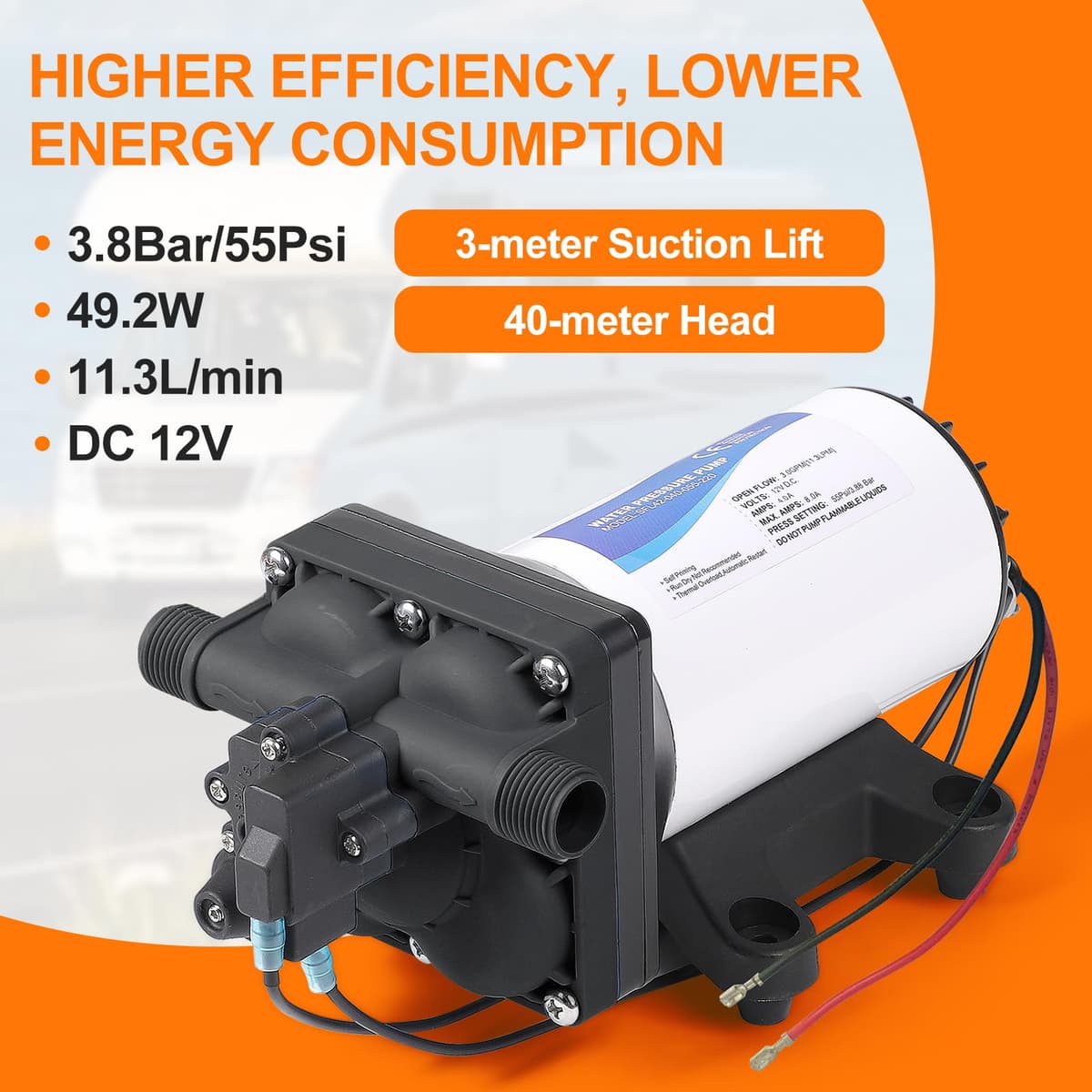 CPROSP Bomba de Agua 12v, 11,3L/min 49,2W, Bomba de Membrana Autocebante para Autocaravana, Bomba de Diafragma con Interruptor de Presión, 3,8Bar (55Psi), para Caravanas, Autocaravanas, Barcos — view 2
