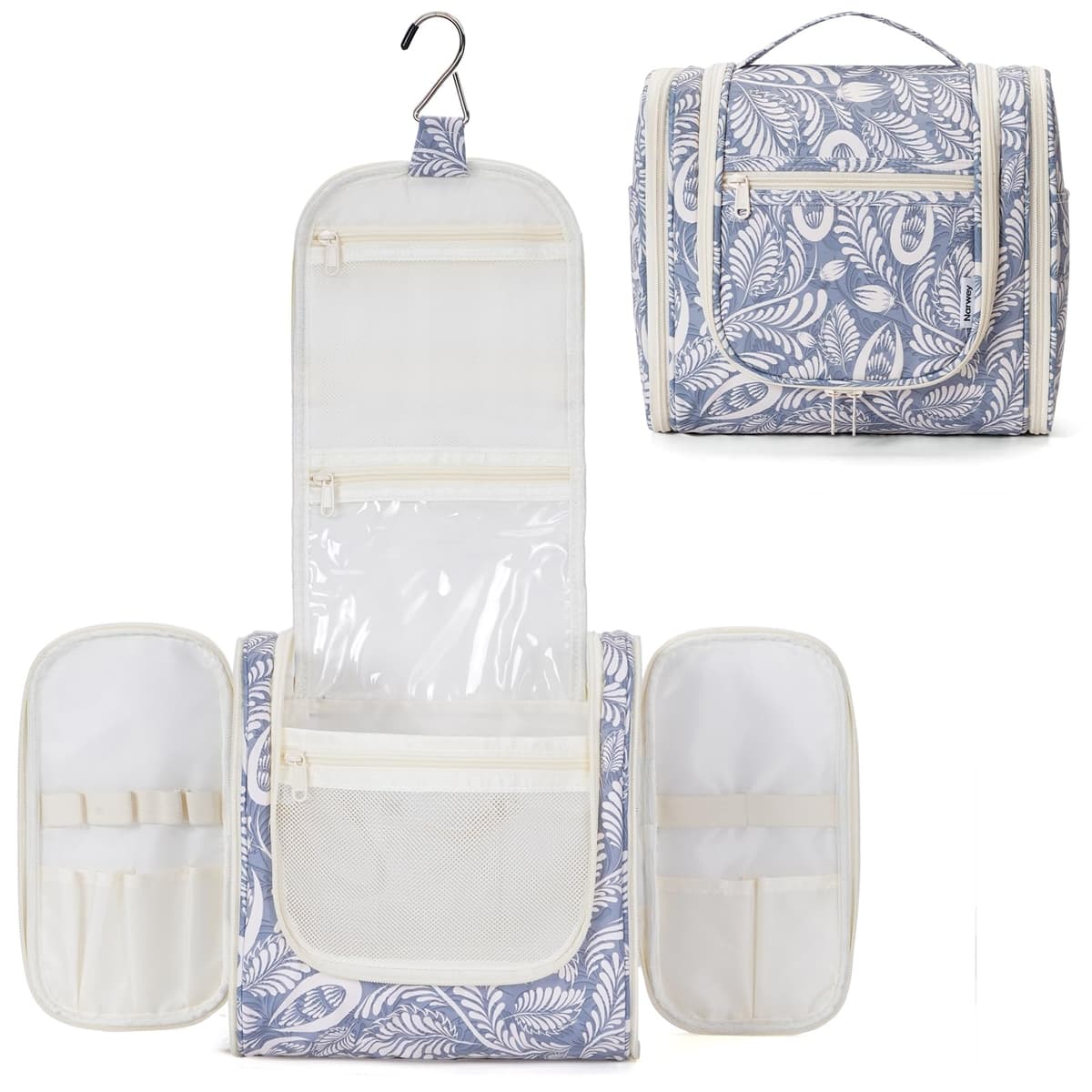 Narwey Hanging Toiletry Bag for Women Travel Makeup Bag Organizer Toiletries Bag for Cosmetics Essentials Accessories (Large, Little Blue Flower) — view 20