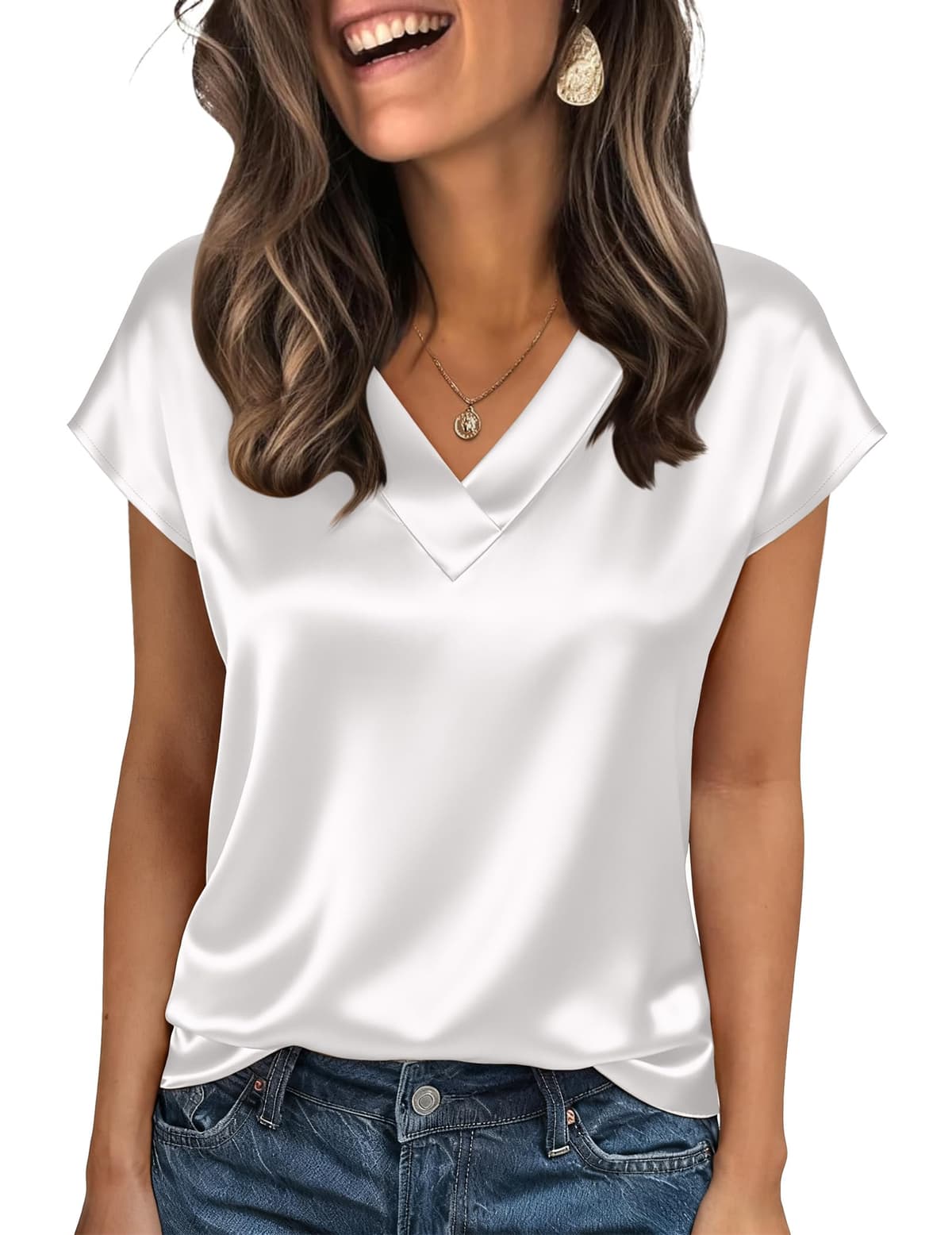 Zeagoo Blusa satén Mujer Manga Corta Cuello en V Seda Tops Elegantes Camisas de Negocios Blusa de Seda de Verano Silk Blouse Tshirt