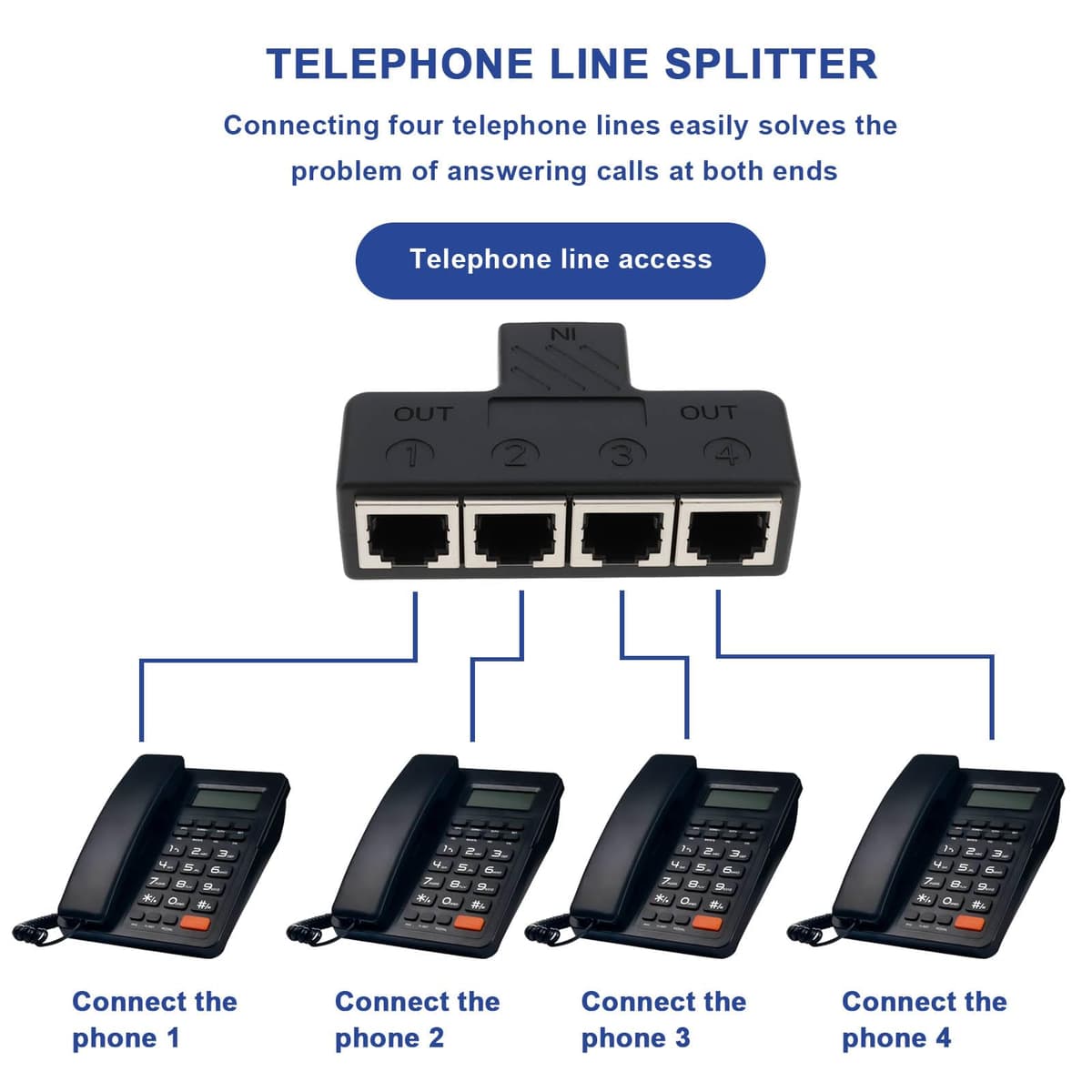 Acoplador Telefónico en Línea RJ11 Hembra A 4 Hembras 6P6C para Dispositivo de Fax Fijo (1 A 4) — view 3