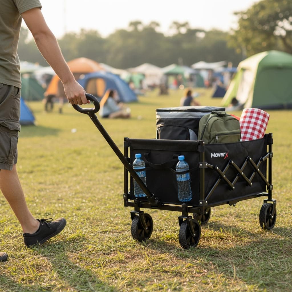 MoverX 70L Festival Trolley on Wheels, Folding Wagon, Portable Camping Cart, Collapsible Foldable Trolly for Beach Outdoor Garden Picnic Shopping Fishing, Adjustable Handle, Black — view 3