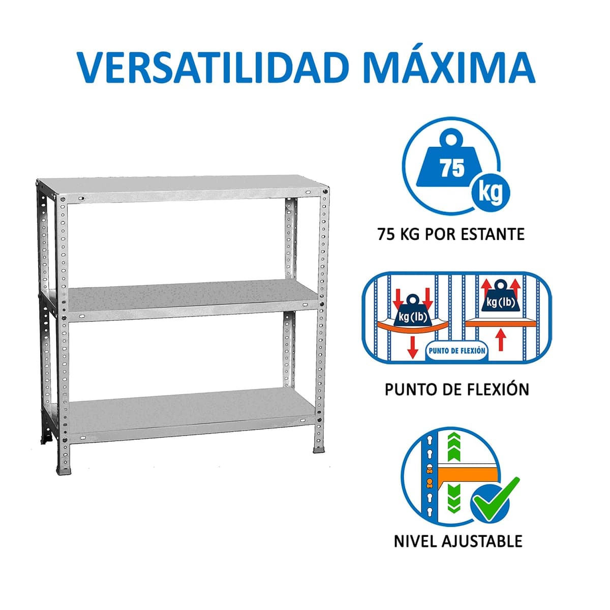 Simon Rack Estanteria Metalica 900x1100x300 mm, 3 Alturas, Bandeja Metal, 75 kg de Punto Flexión, Estanteria Almacenaje, Galvanizado - Advantage — view 5