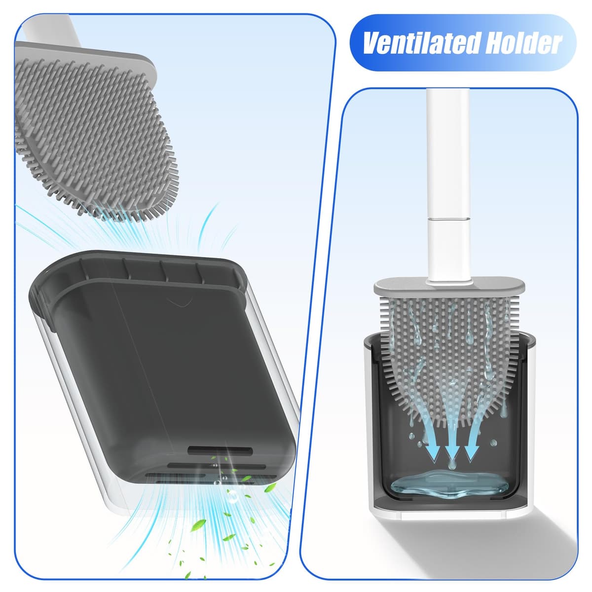 Toilet Brush, 2 Pack Bathroom Silicone Toilet Brushes and Holder Sets with No-Slip Long Plastic Handle and Soft Flexible Bristles, Toilet Brushes with holders and Base for Anti-drip (White) — view 4