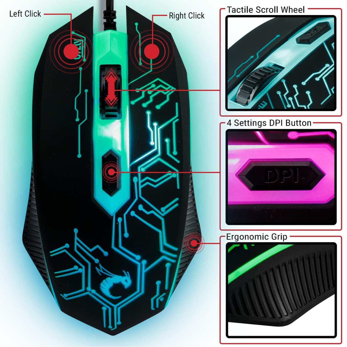 Gaming Keyboard and Mouse and Mouse pad and Gaming Headset, Wired LED RGB Backlight Bundle for PC Gamers Users - 4 in 1 Gift Box Edition Hornet RX-250 — view 4