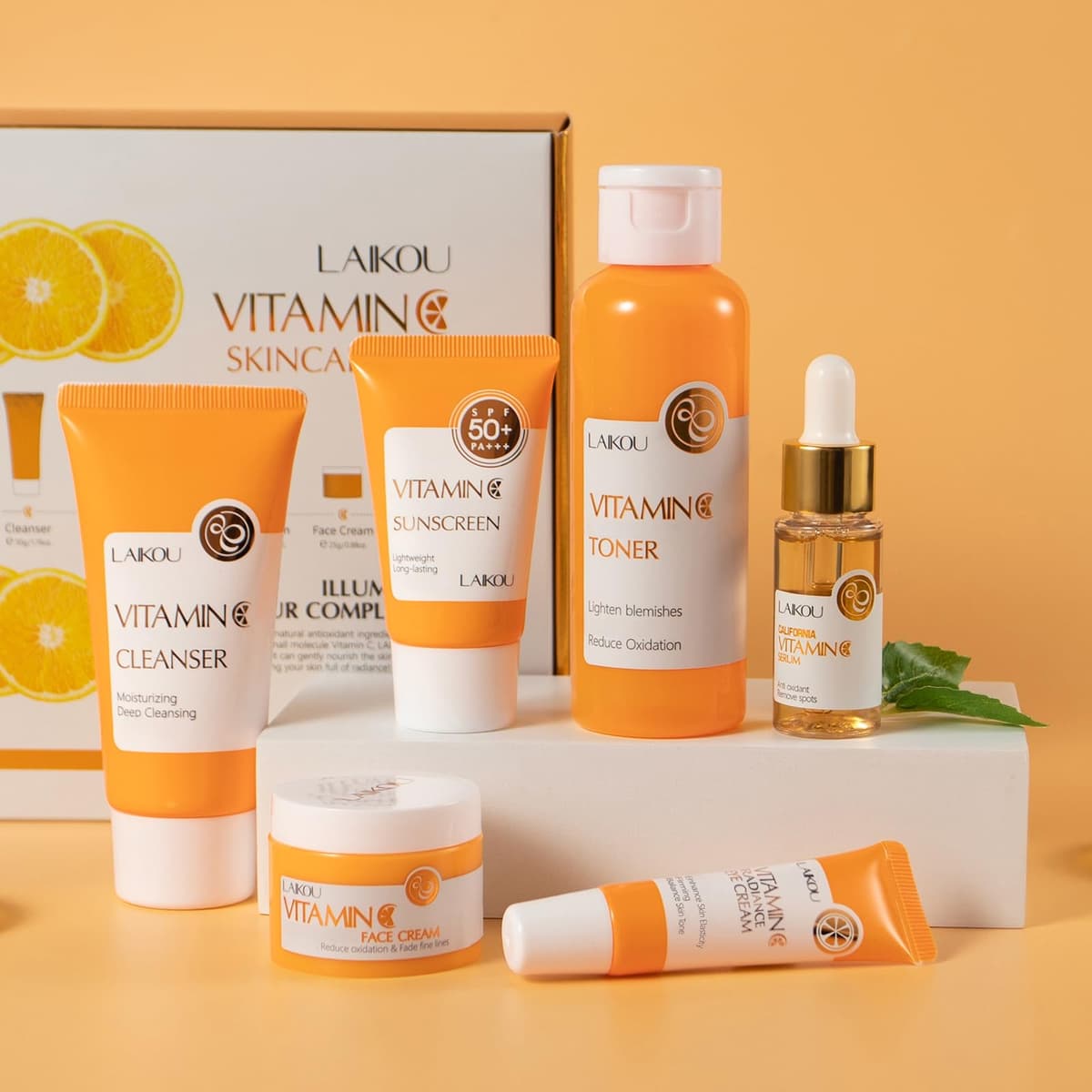 LAIKOU Skin Care Complete Vitamin C Skin Care Kit 12 Pieces with Eye Serum Cream, Facial Cleanser, Lips, Eye Mask, Sun Protection, for Women and — view 11