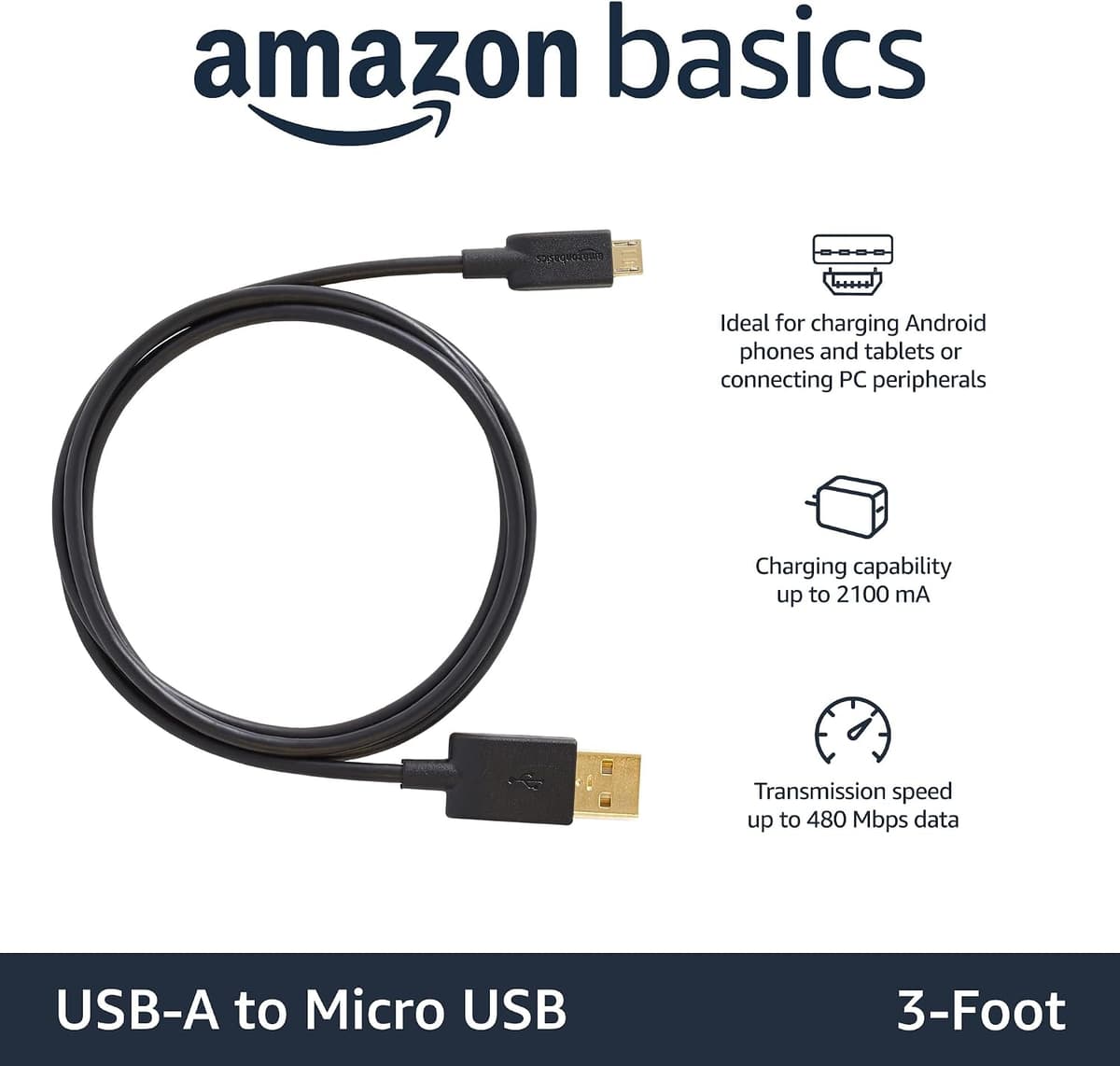 Amazon Basics USB-A to Micro USB Charging Cable, 480Mbps Transfer Speed with Gold-Plated Plugs, USB 2.0, 0.9 m, Black
