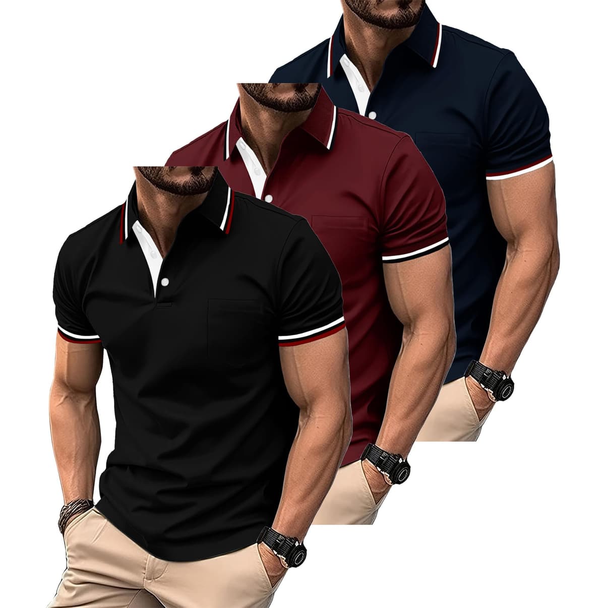 ZITY Polo para Hombre Paquete de 3 Polo Manga Corta Camiseta Golf Trabajo Transpirable Camiseta Informal con Bolsillo Verano Tres Piezas T Shirt para Vacaciones — view 9