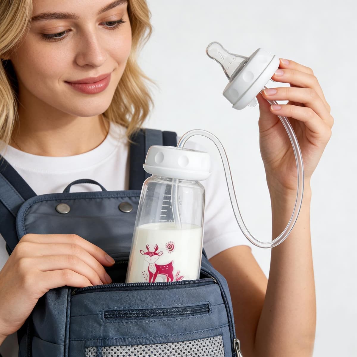 Anti-Colic Feeding Bottle, 240ml Hands Free Feeder Nursing Cup, Adjustable Fast-Flow Milk Bottle Feeding System for Both Male and Female Kids, Easy to Hold — view 4