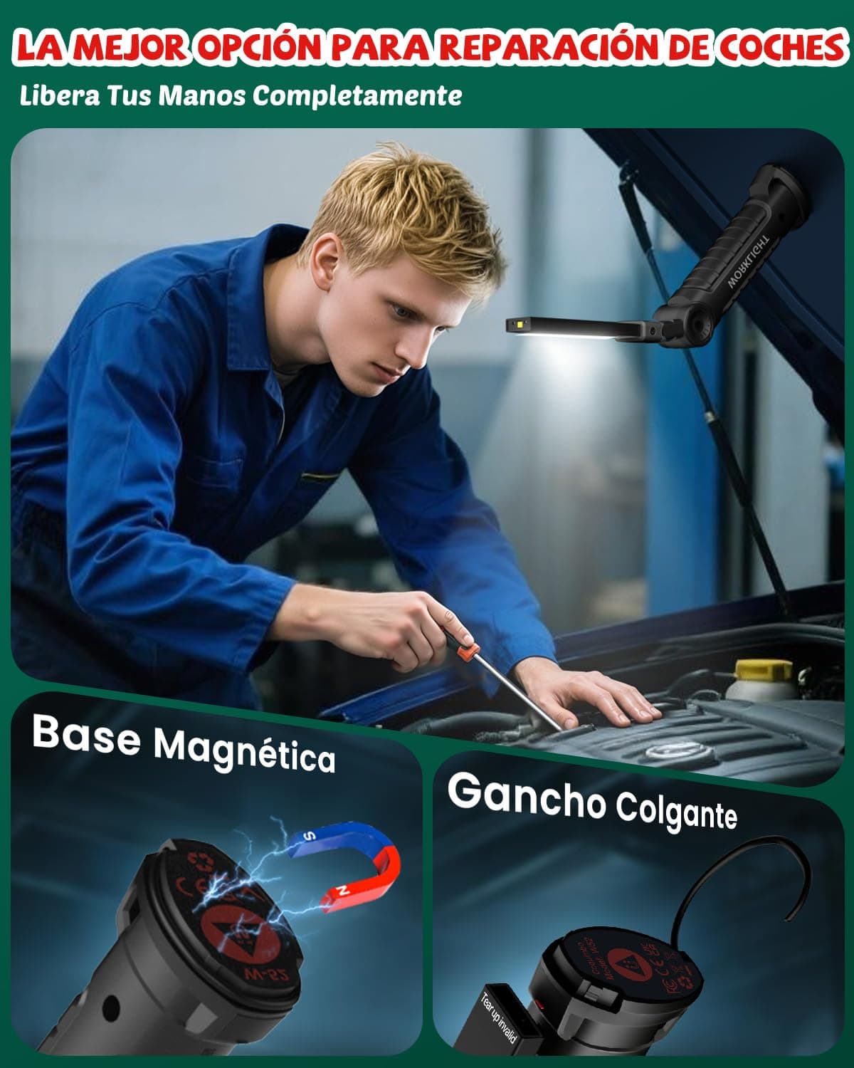 Coquimbo Regalo Hombre Linterna Taller LED Recargable, Linterna Portátil de Trabajo Lámpara de Inspección con Magnética Base y Gancho para Taller Cámping Emergencia(2 Piezas, Negro) — view 5