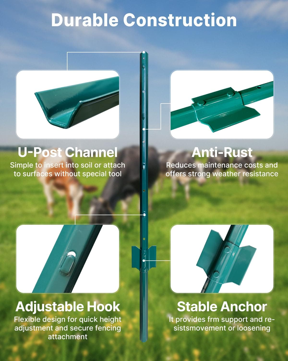 ARIFARO Metal Fence Posts 91cm / 3ft, Pack of 10, Sturdy Duty No Digging Garden U Post for Wire Fencing Steel Poles for Yard, Outdoor Wire — view 5