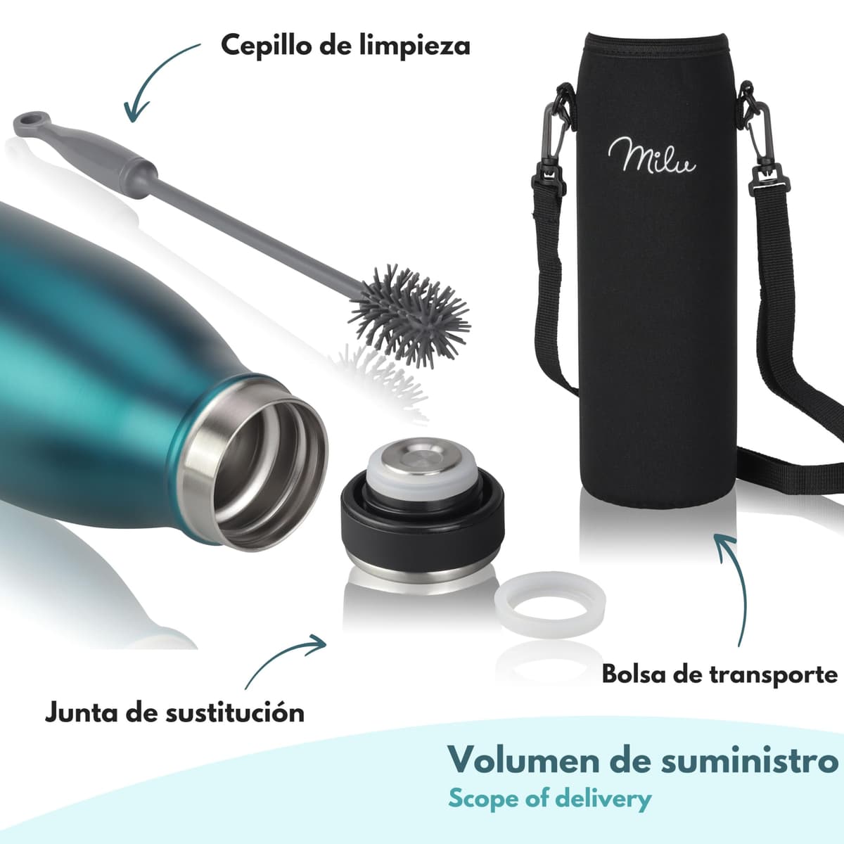 Milu Botella de acero inoxidable de 350ml 500ml 750 ml 1 L 1,5 L botella de agua aislada, termo a prueba de fugas, doble pared, apta para ácido carbónico + cepillo de limpieza (Azul Violeta, 350ml) — view 26