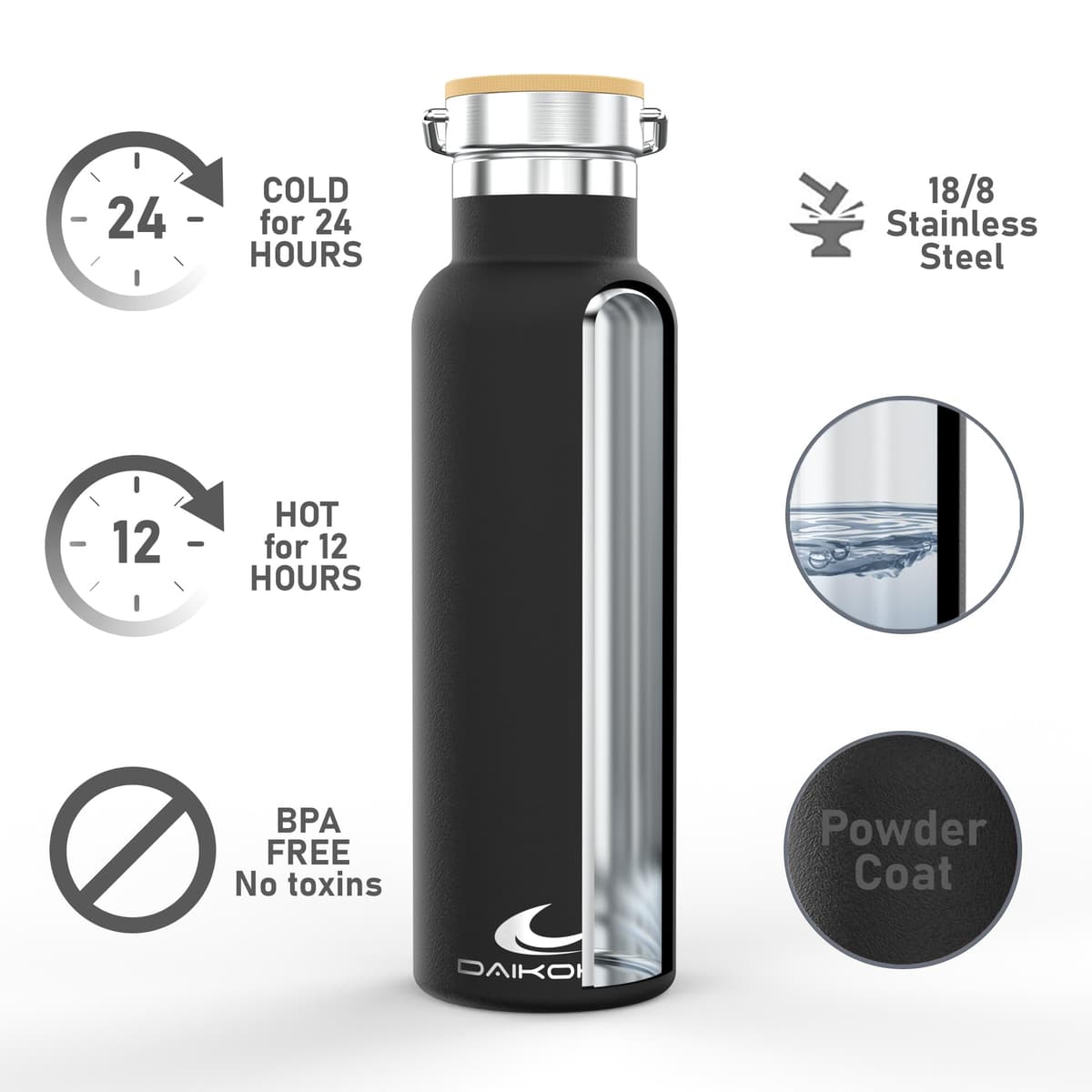 Daikoku Botella Agua Acero Inoxidable - 750ml - Botella Térmica - Bebidas Frías 24 Horas y Calientes 12 Horas - Botella Agua Antigoteo - Doble Pared Libre de BPA - Cantimplora Termica - Negro — view 4