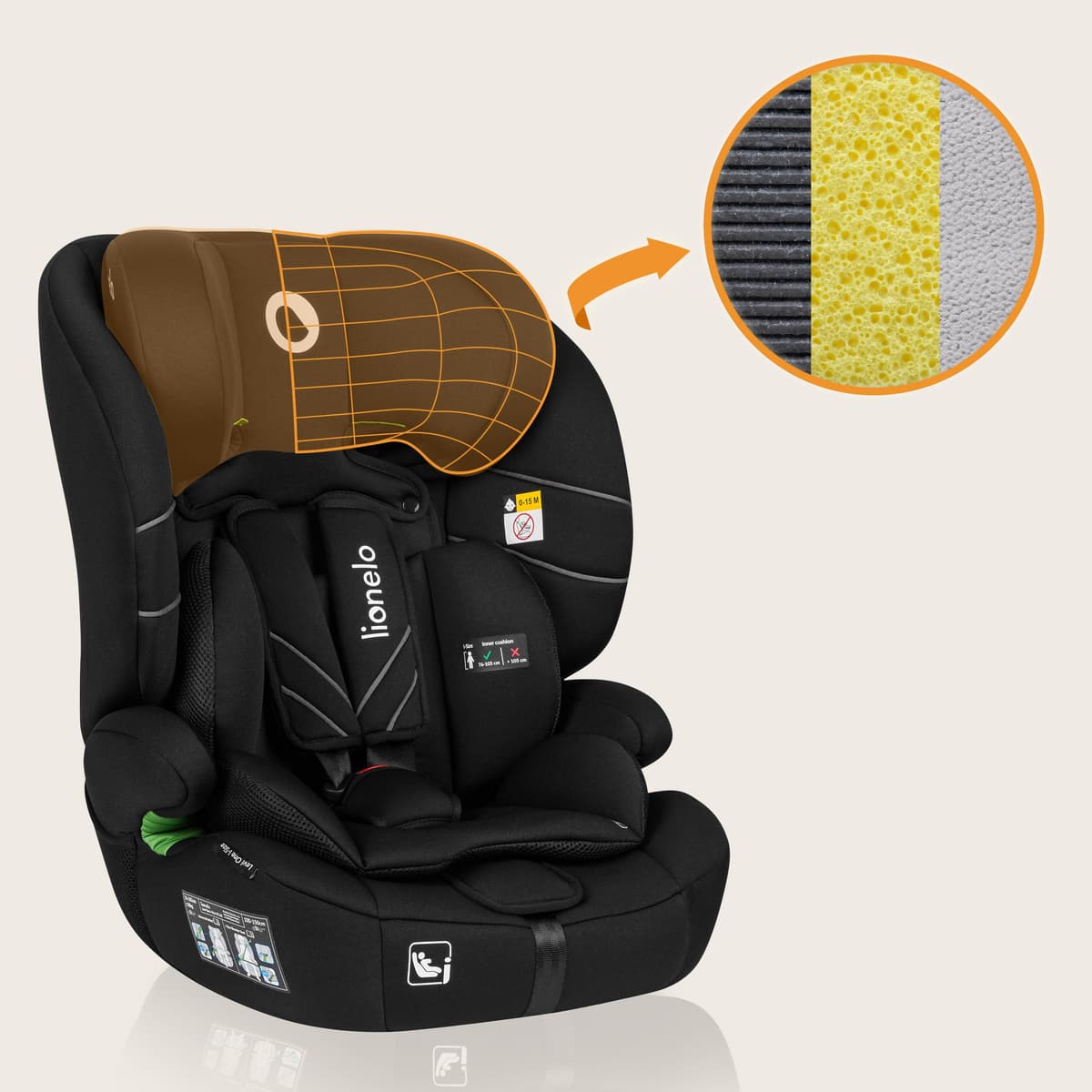 Lionelo Levi Adjustable Car Seat for 9-36kg Transforms with Your Child from Infant to 12 Years, Multi-Level Headrest & Insert Options, Enhanced Side Protection, Easy Install & Wash (ONE, Carbon) — view 4