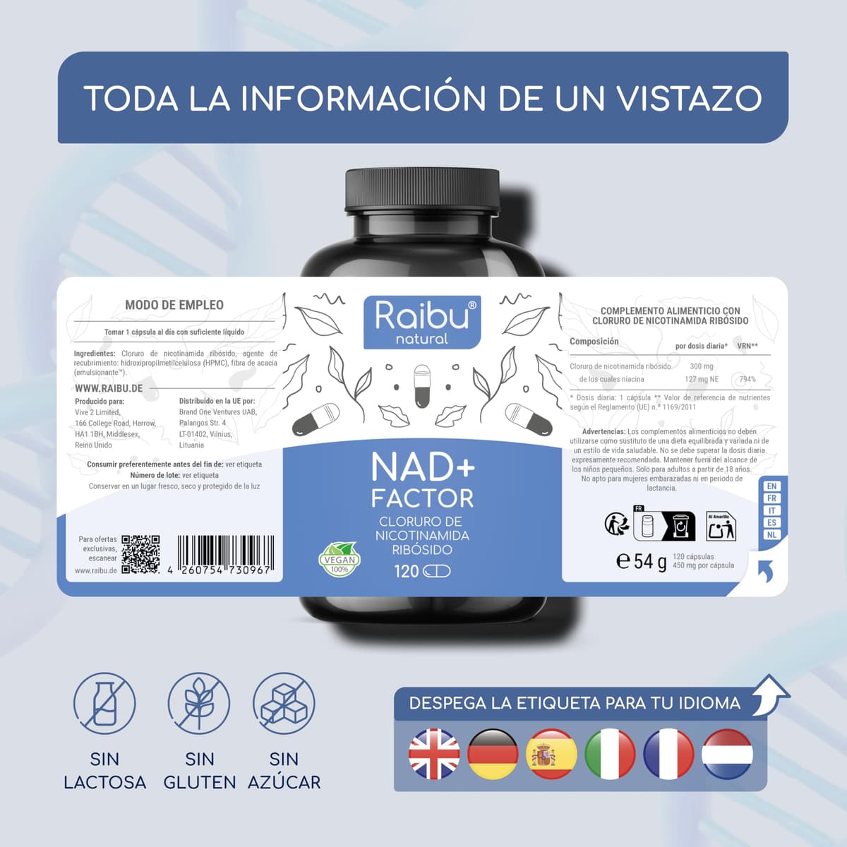 100% Pure NAD+, 300 mg Nicotinamide Riboside (NR) Per Capsule - 4 MONTH Supply - Anti-Aging & Fatigue, NAD Booster - No Separating Agents, Gluten Free, Vegan - 120 Capsules — view 7