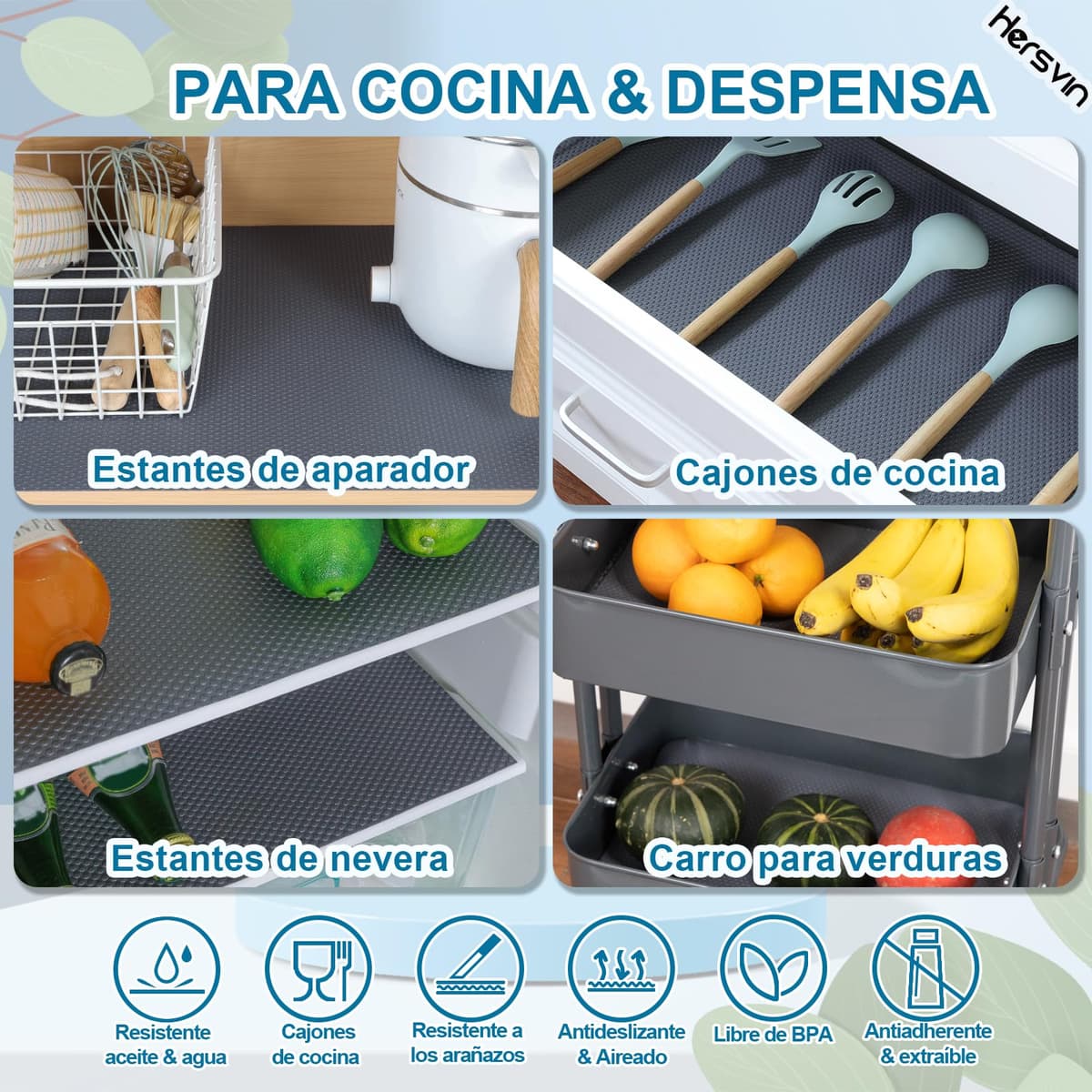 Hersvin 45cmx500cm Plastico Protector para Cocina Cajones, Alfombras Non Adhesivo para Nevera Mueble Fregadero Estante Organizador Cubiertos EVA Cubre Encimera(Gris Oscuro/Punto) — view 7
