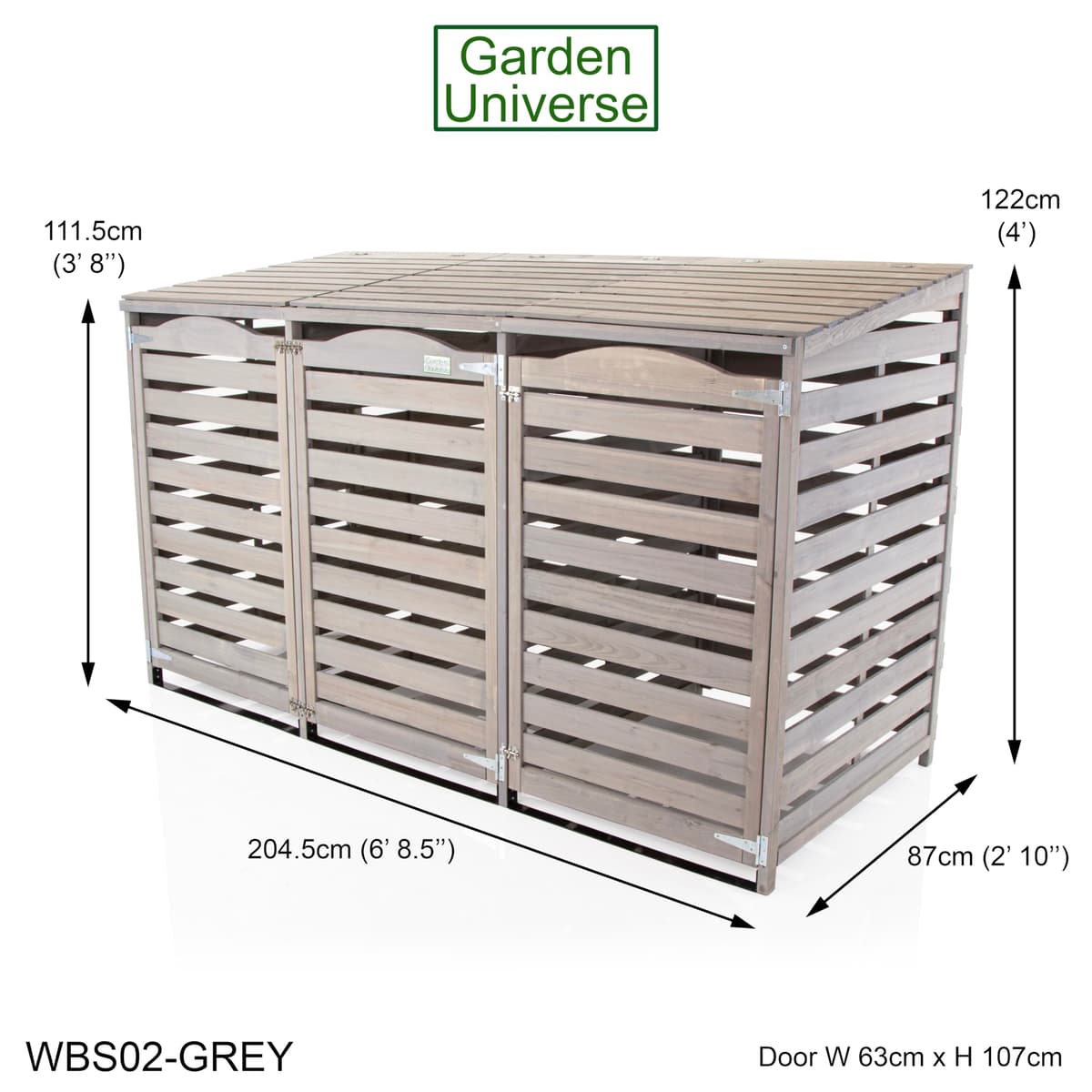 Wheelie Bin Storage Unit Triple Three Bins Garden Universe Outdoor 3 Wheelie Bin Storage In Grey WBS02-GREY — view 2