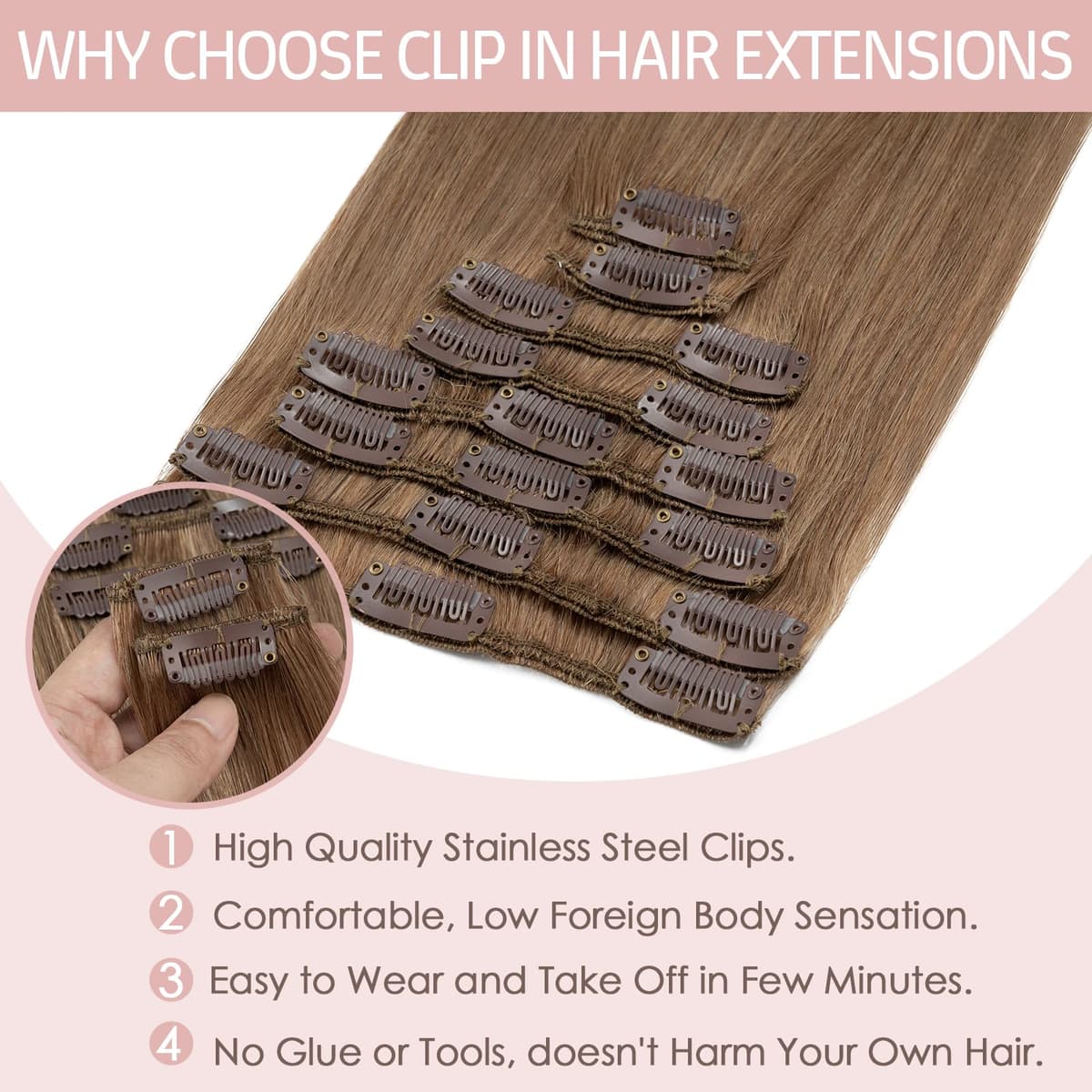Silk-co 10inch Hair Extensions Clip in Hair Extension Human Hair #04 Medium Brown -Basic Thickness-Thin Weft- 8 Pieces Real Remy Straight Hair Extensions[50g] — view 144