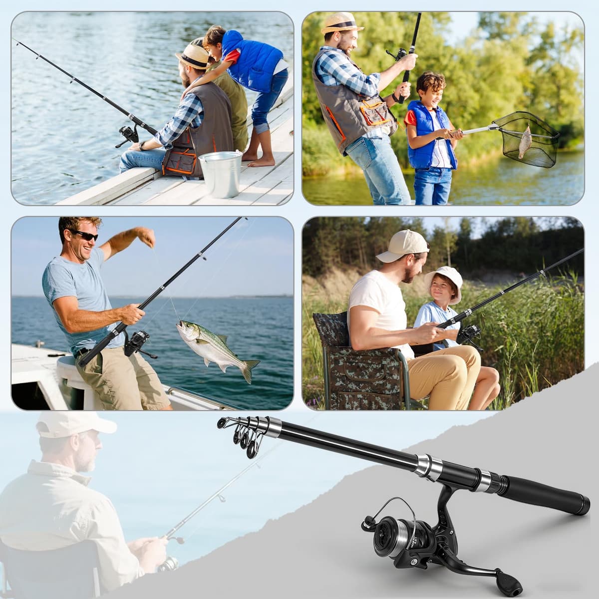 Lomffy Juego Combinado de Carrete y Caña de Pescar Telescópica, 1.8m Kit de Caña de Pescar Portátil con Red de Pesca Caña de Pescar Telescópica con Carrete con Línea Señuelo Bolsa de Transporte — view 8