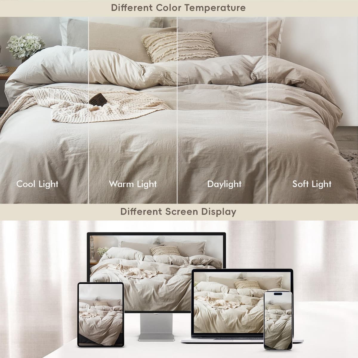 MooMee Bedding Duvet Cover Set 100% Washed Cotton Linen Like Textured Breathable Durable Soft Comfy (Tannish Linen Grey, King) — view 7